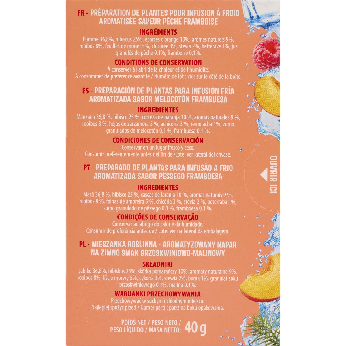 AUCHAN Infusion à froid saveur pêche framboise 20 sachets 40g