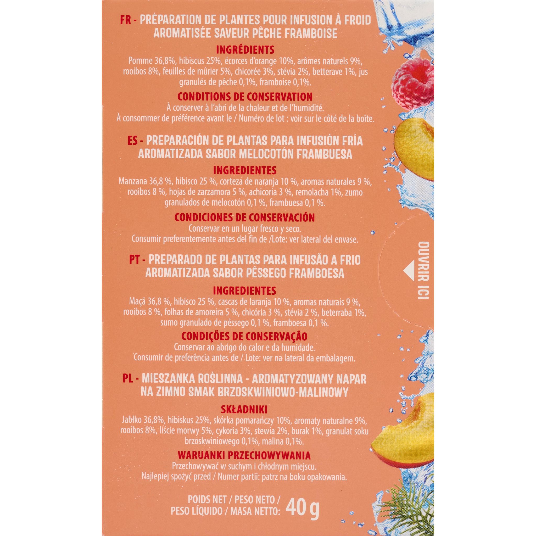 Voir la diapositive 3 : AUCHAN Infusion à froid saveur pêche framboise 20 sachets 40g