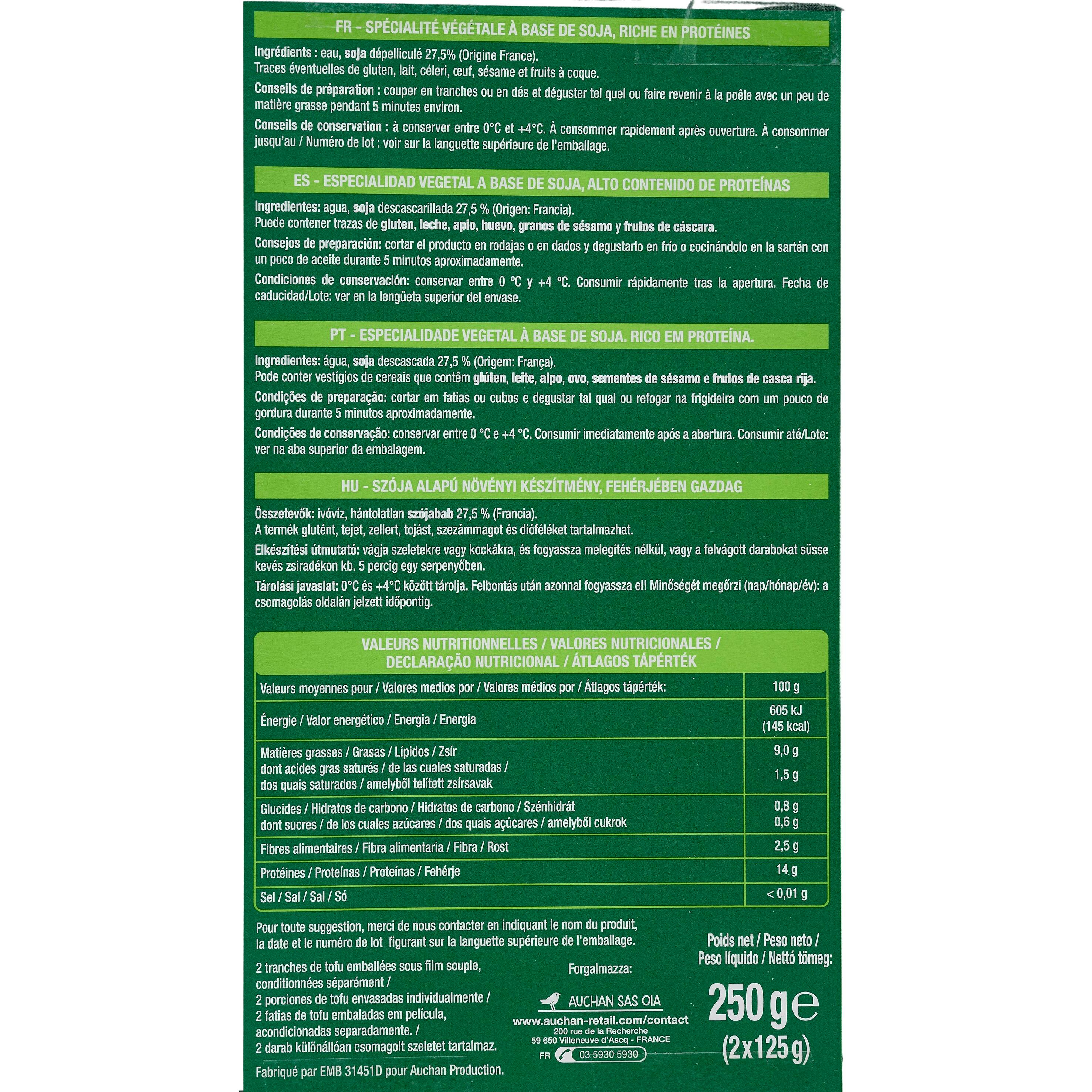 Voir la diapositive 3 : AUCHAN VERY VEGGIE Tofu nature 2 pièces 2x125g