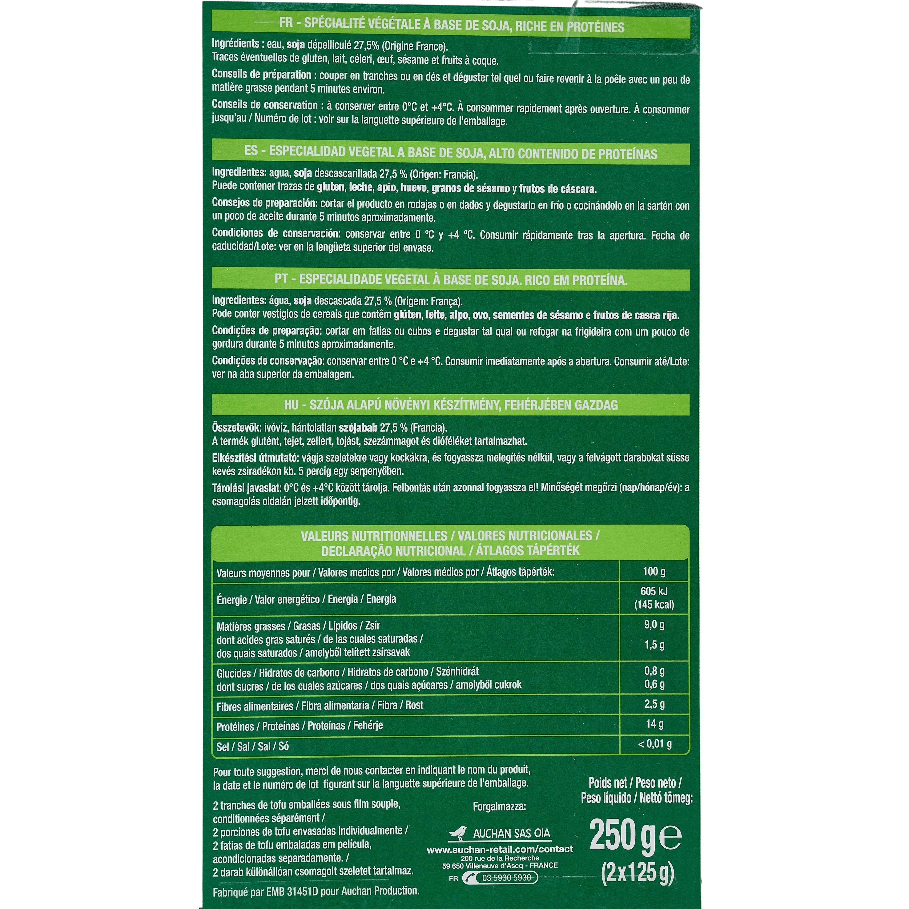 Voir la diapositive 4 : AUCHAN VERY VEGGIE Tofu nature 2 pièces 2x125g