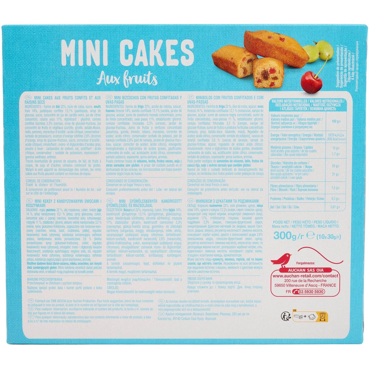 AUCHAN Mini cakes aux fruits sachets individuels 10 cakes 300g