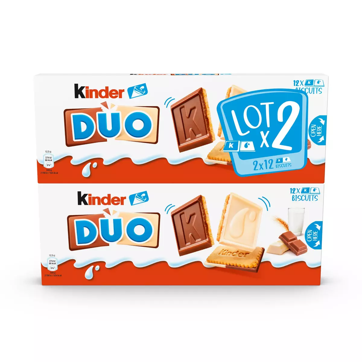 KINDER Duo Biscuits nappés de chocolat au lait et chocolat blanc 2x12 biscuits 2x300g