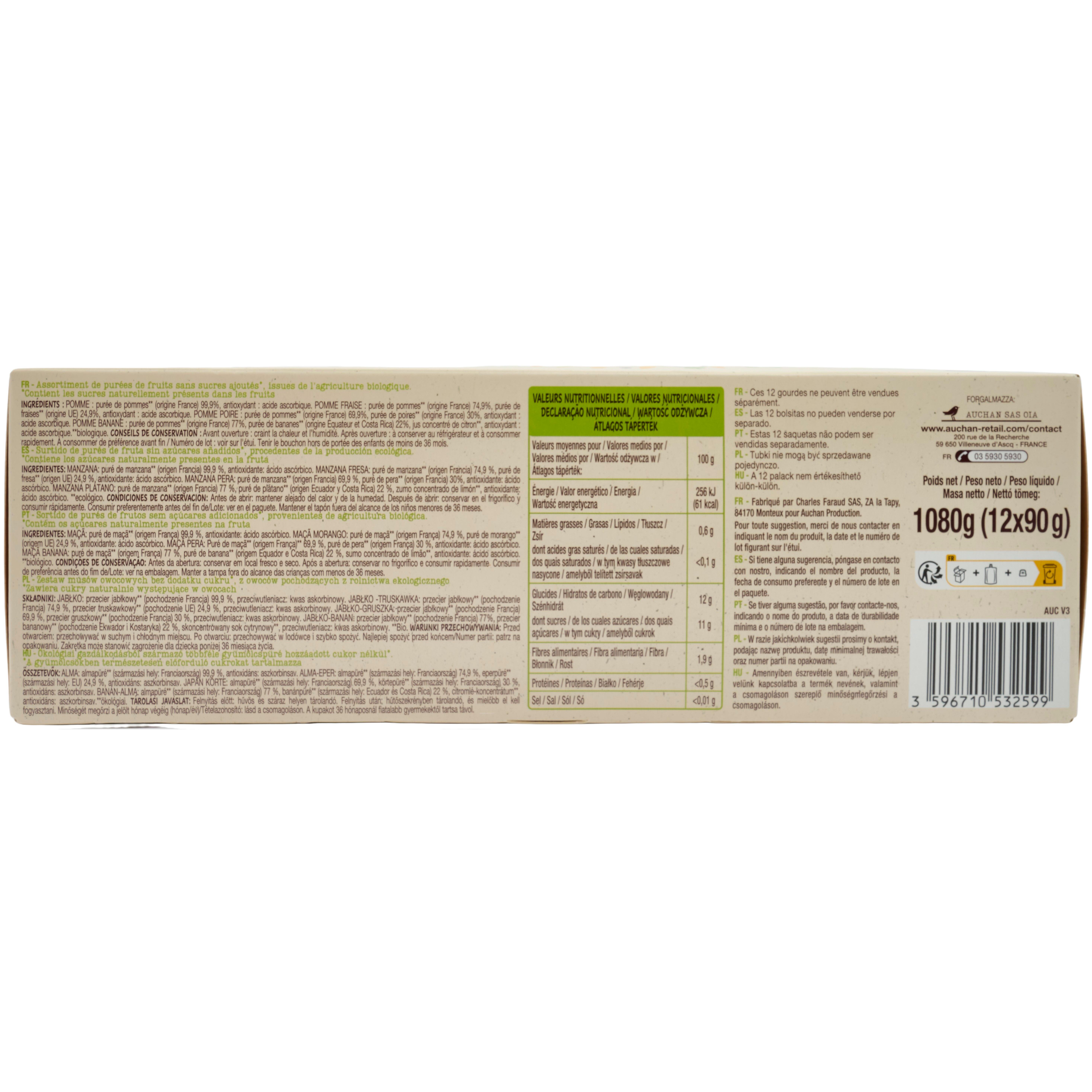 Voir la diapositive 2 : AUCHAN BIO Gourdes purée de fruits multivariétés pomme poire banane fraise sans sucres ajoutés 12x90g