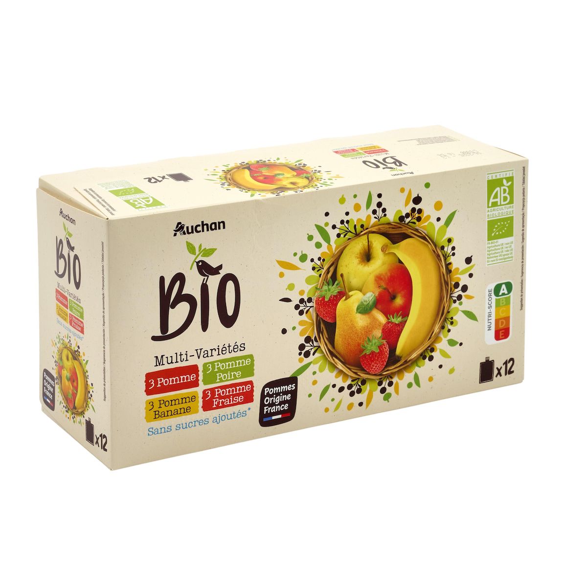 AUCHAN BIO Gourdes purée de fruits multivariétés pomme poire banane fraise sans sucres ajoutés 12x90g