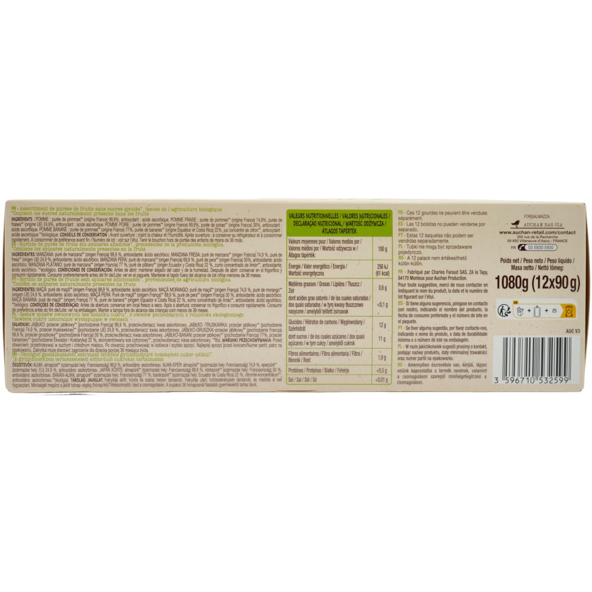 AUCHAN BIO Gourdes purée de fruits multivariétés pomme poire banane fraise sans sucres ajoutés 12x90g
