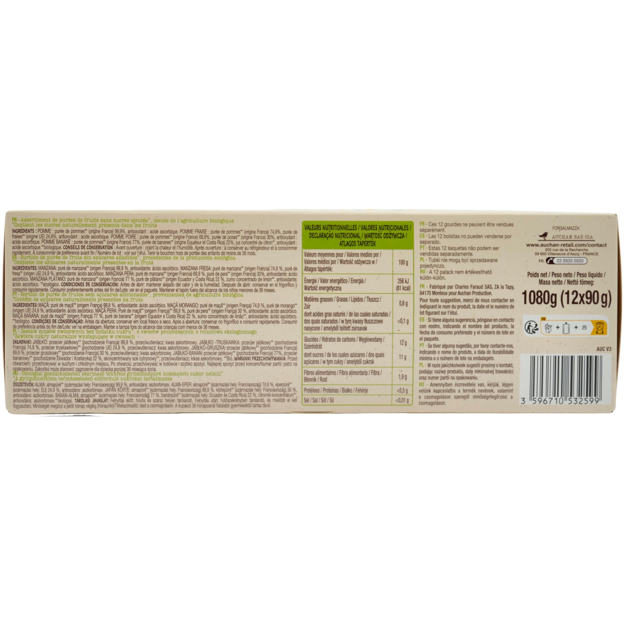 Voir la diapositive 3 : AUCHAN BIO Gourdes purée de fruits multivariétés pomme poire banane fraise sans sucres ajoutés 12x90g
