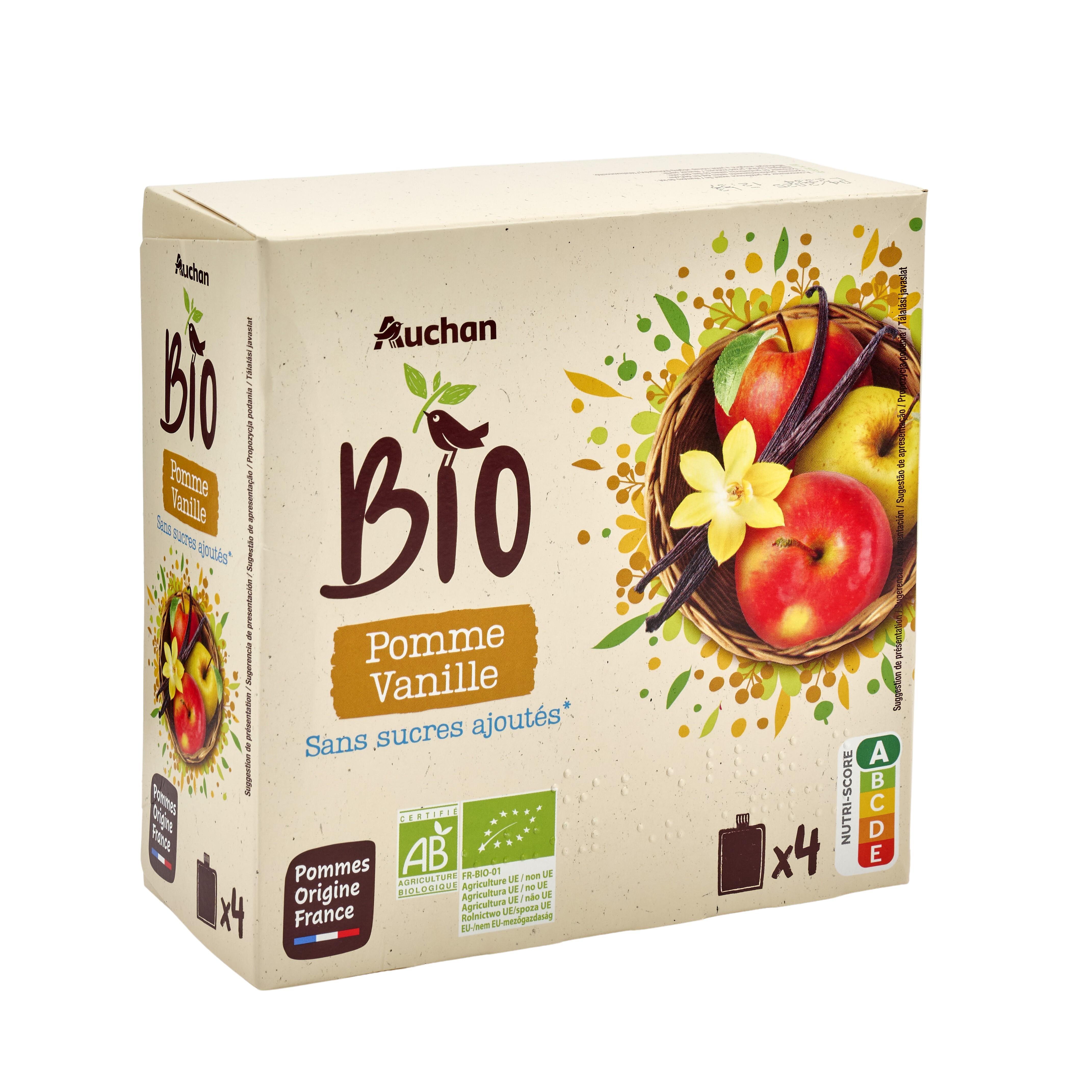 Voir la diapositive 2 : AUCHAN BIO Gourdes purée de pomme vanille sans sucres ajoutés 4 gourdes 4x90g