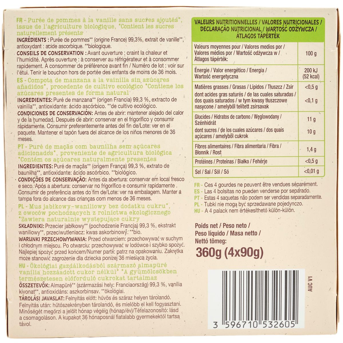 AUCHAN BIO Gourdes purée de pomme vanille sans sucres ajoutés 4 gourdes 360g