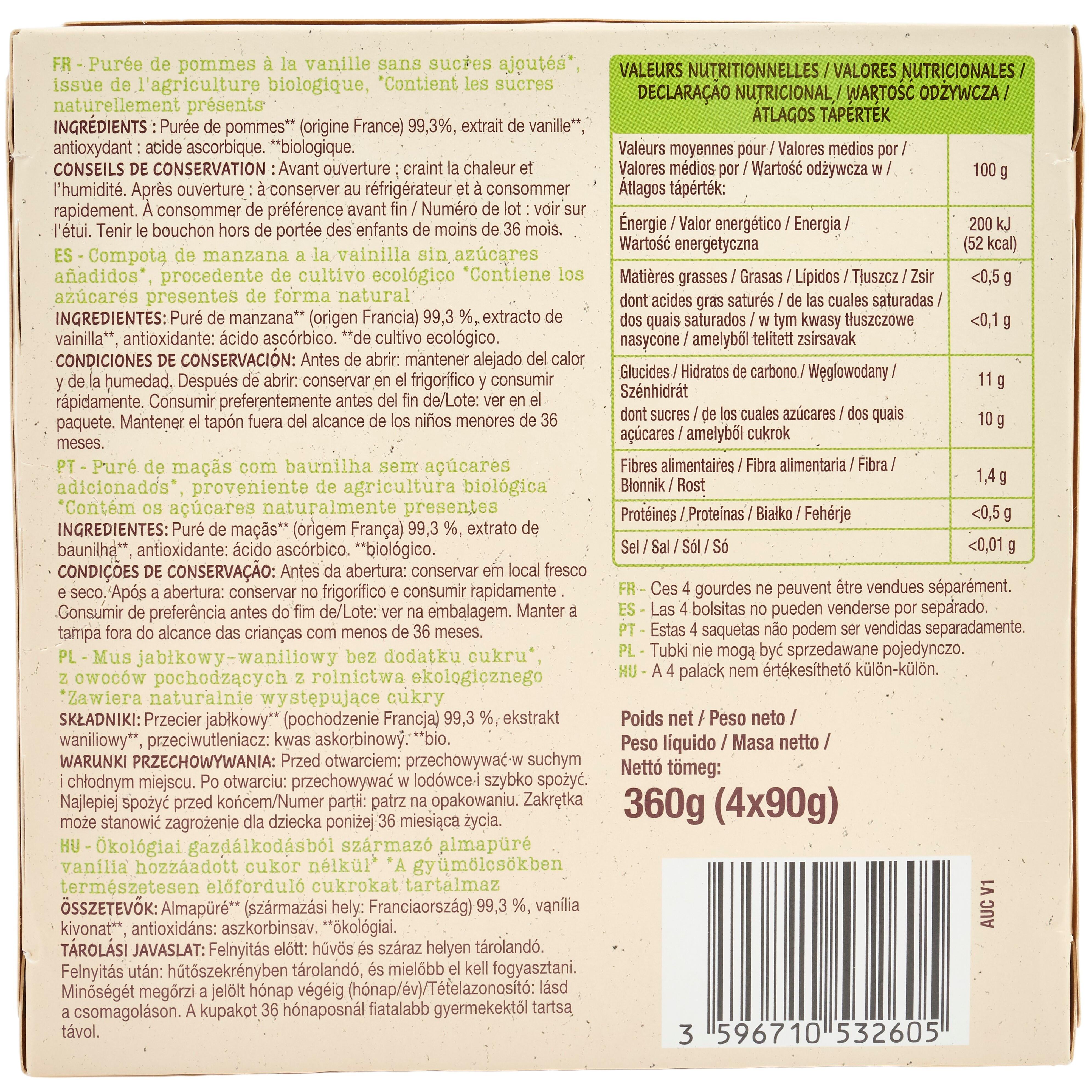 Voir la diapositive 3 : AUCHAN BIO Gourdes purée de pomme vanille sans sucres ajoutés 4 gourdes 4x90g