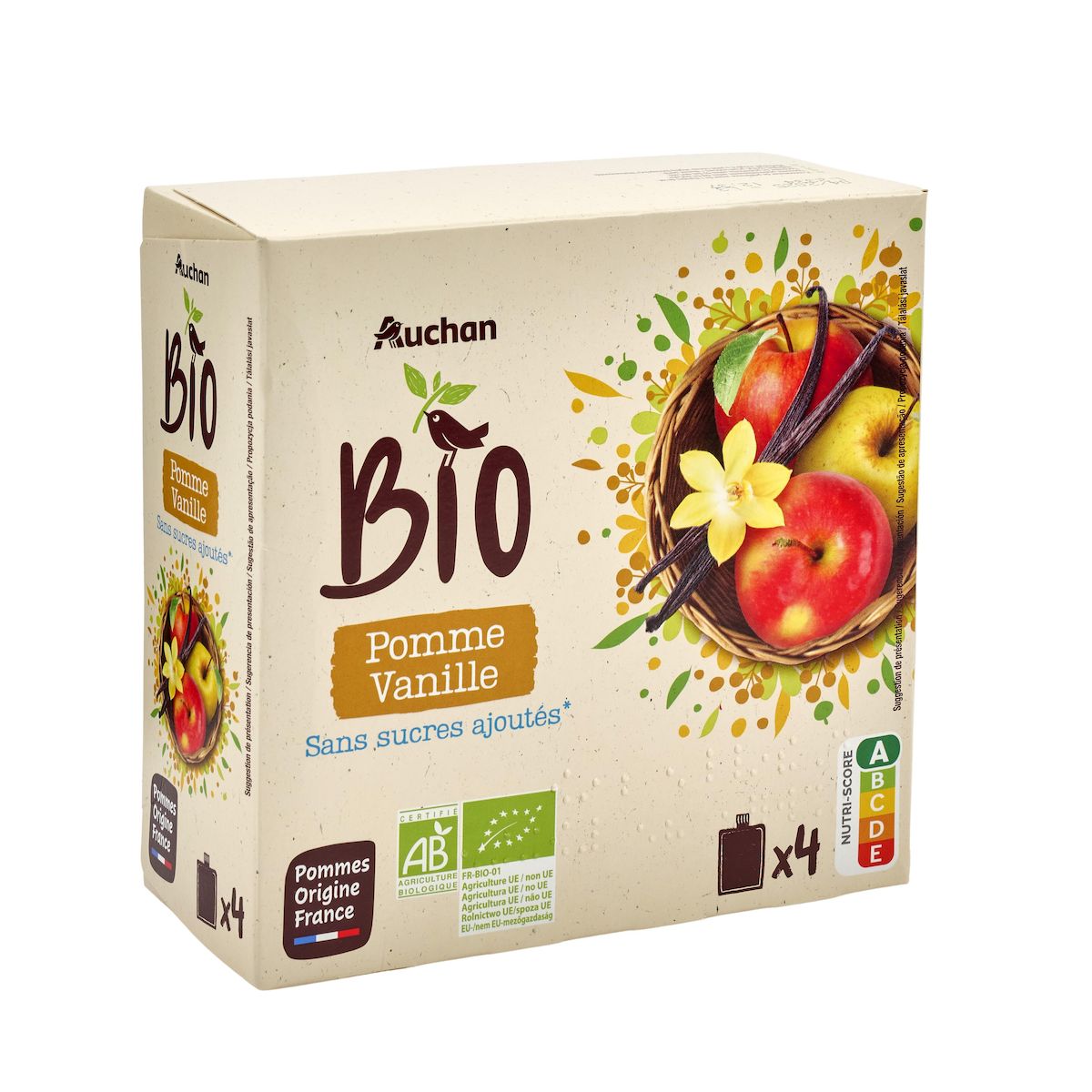AUCHAN BIO Gourdes purée de pomme vanille sans sucres ajoutés 4 gourdes 360g
