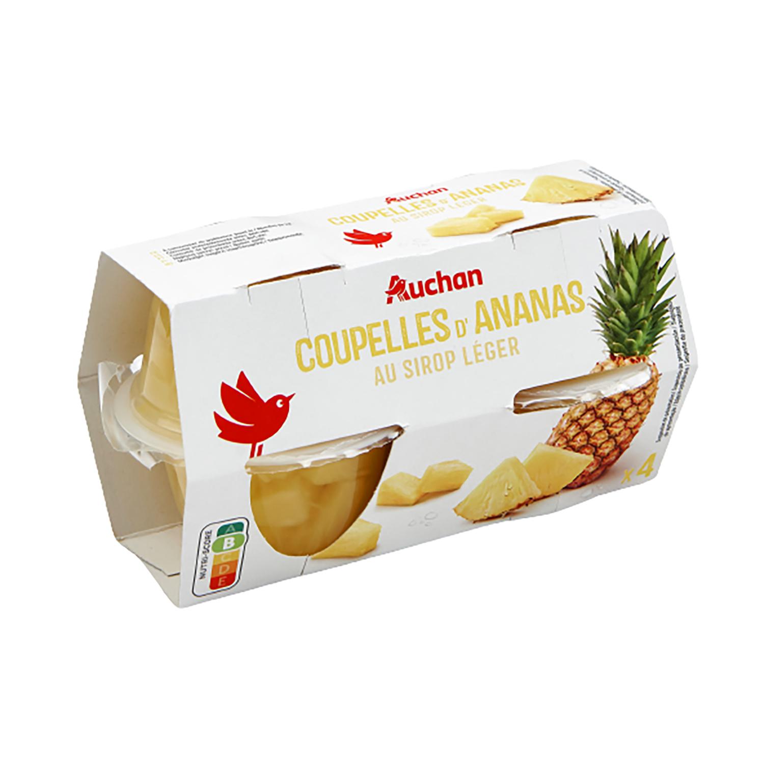 Voir la diapositive 2 : AUCHAN Coupelles d'ananas au sirop léger 4 coupelles 452g