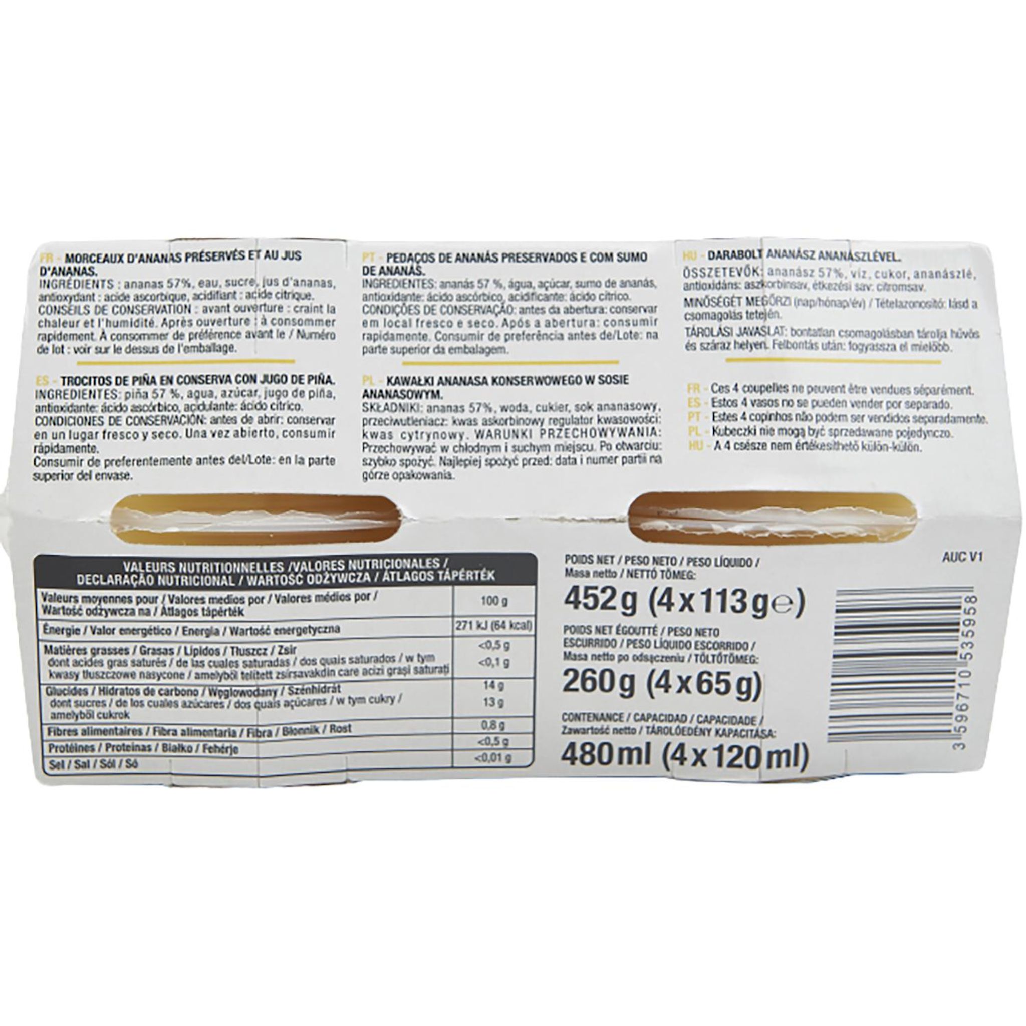 Voir la diapositive 2 : AUCHAN Coupelles d'ananas au sirop léger 4 coupelles 452g