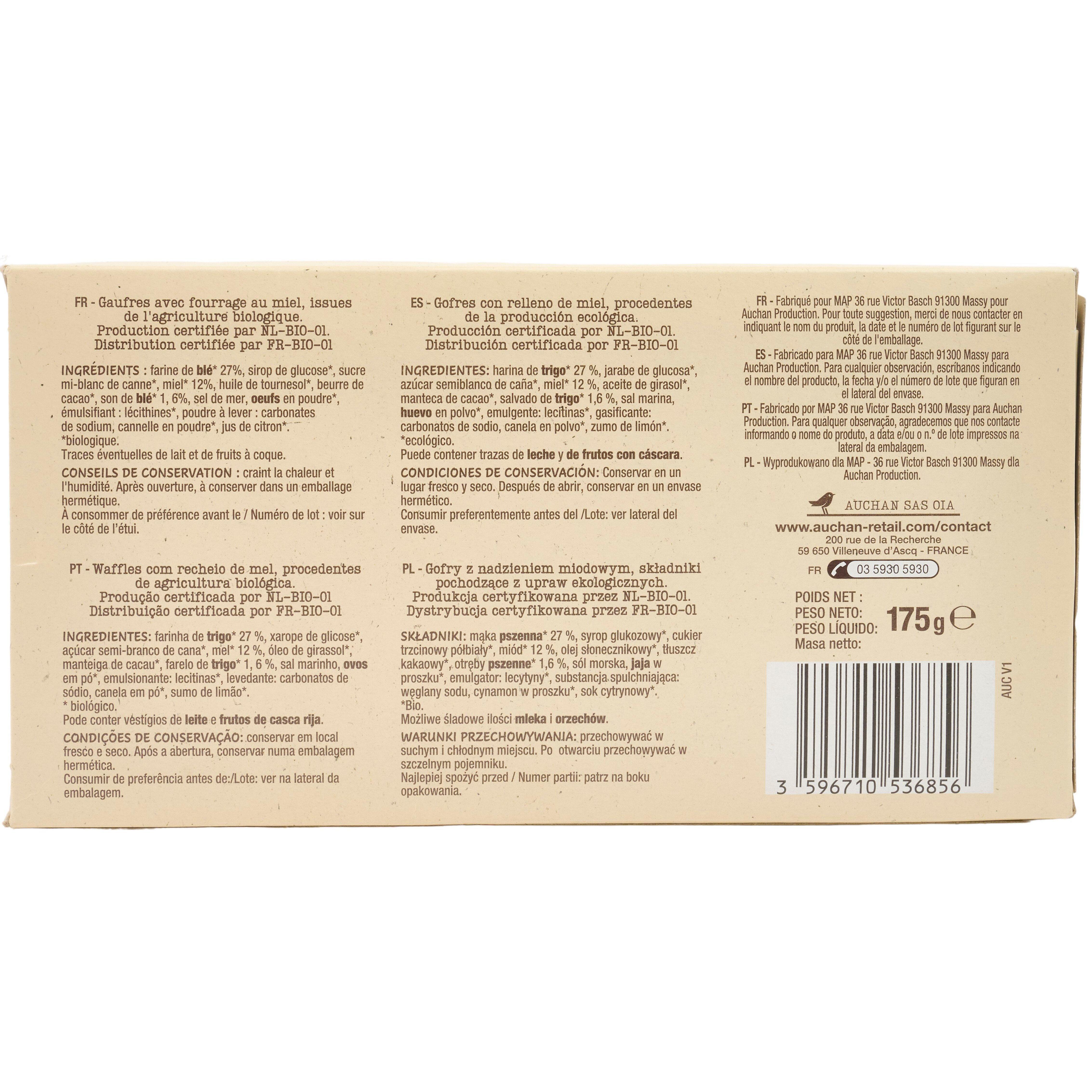 Voir la diapositive 2 : AUCHAN BIO Gaufres au miel sans huile de palme 6 gaufres 175g