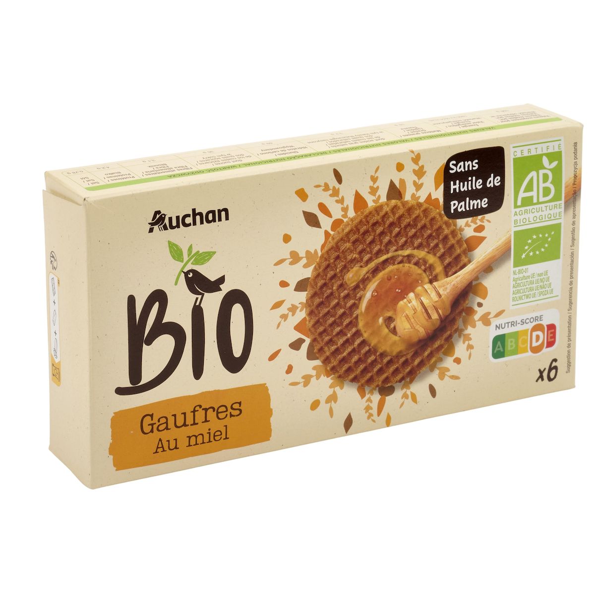 AUCHAN BIO Gaufres au miel sans huile de palme 6 gaufres 175g
