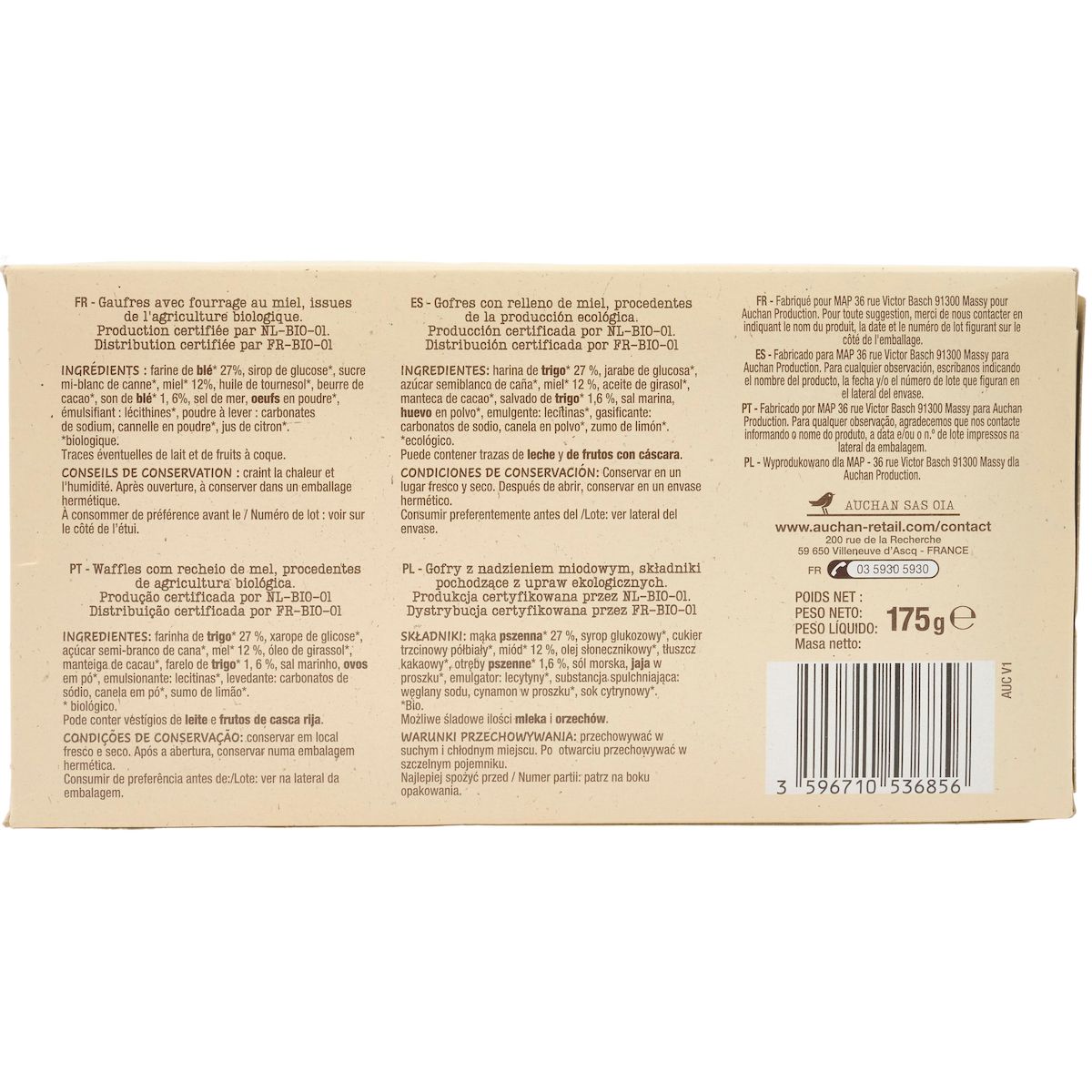 AUCHAN BIO Gaufres au miel sans huile de palme 6 gaufres 175g