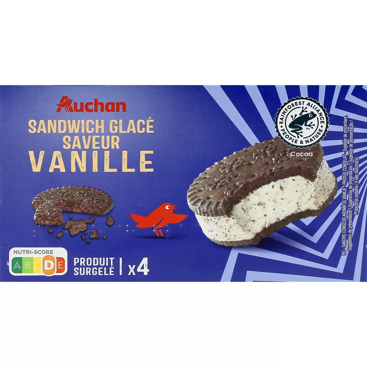 AUCHAN Sandwich glacé à la vanille 4 pièces 254g