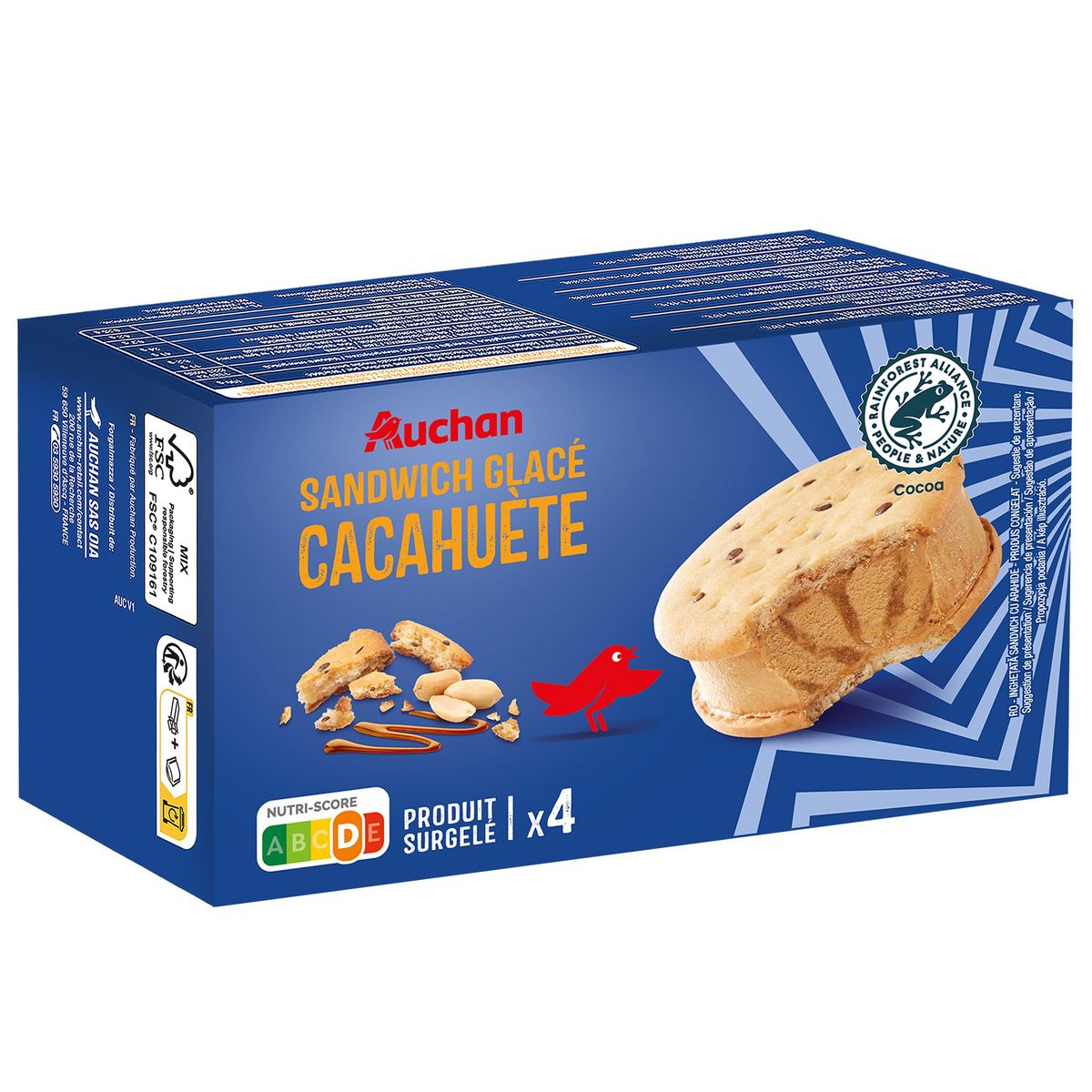 AUCHAN Sandwich glacé à la cacahuète 4 pièces 262g