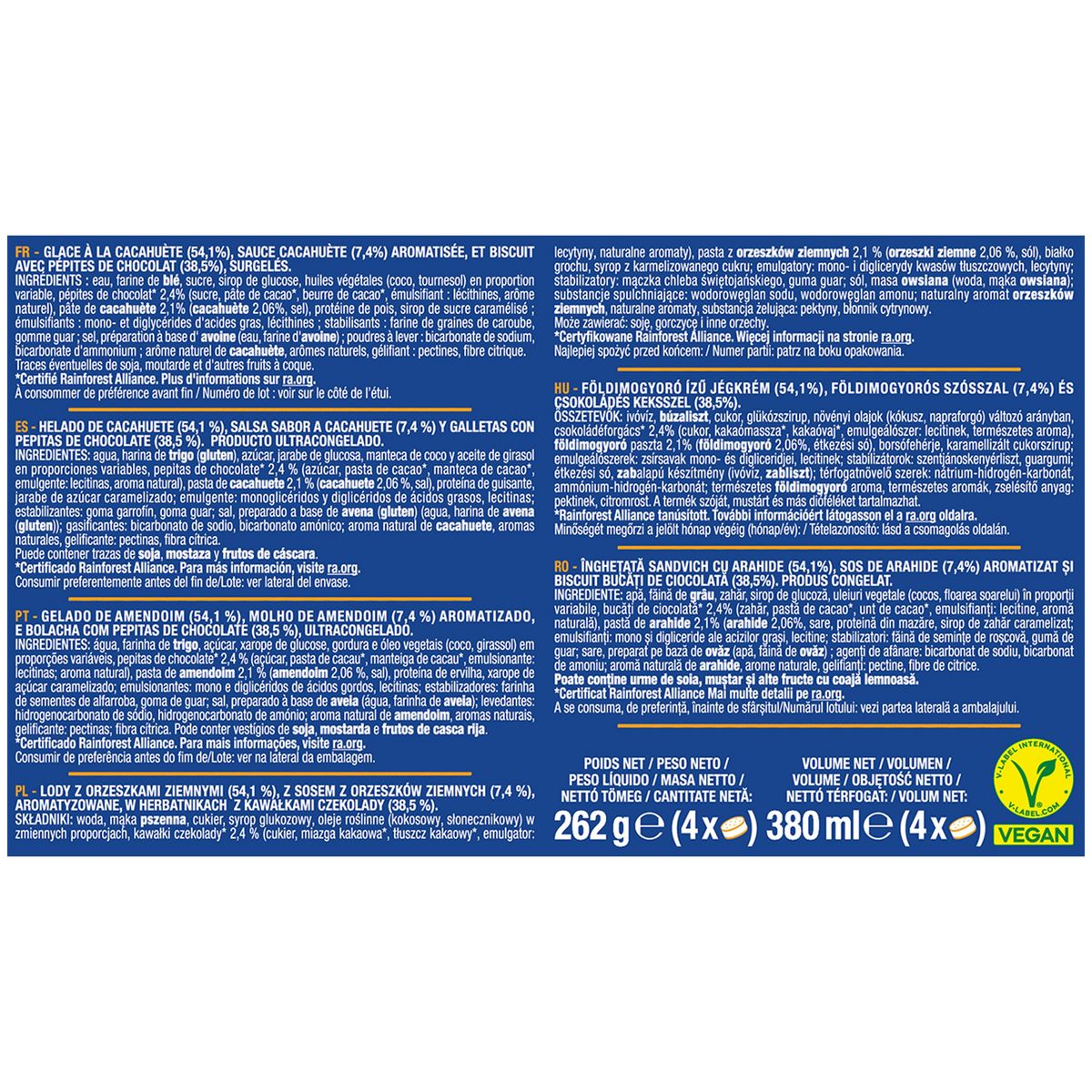 AUCHAN Sandwich glacé à la cacahuète 4 pièces 262g