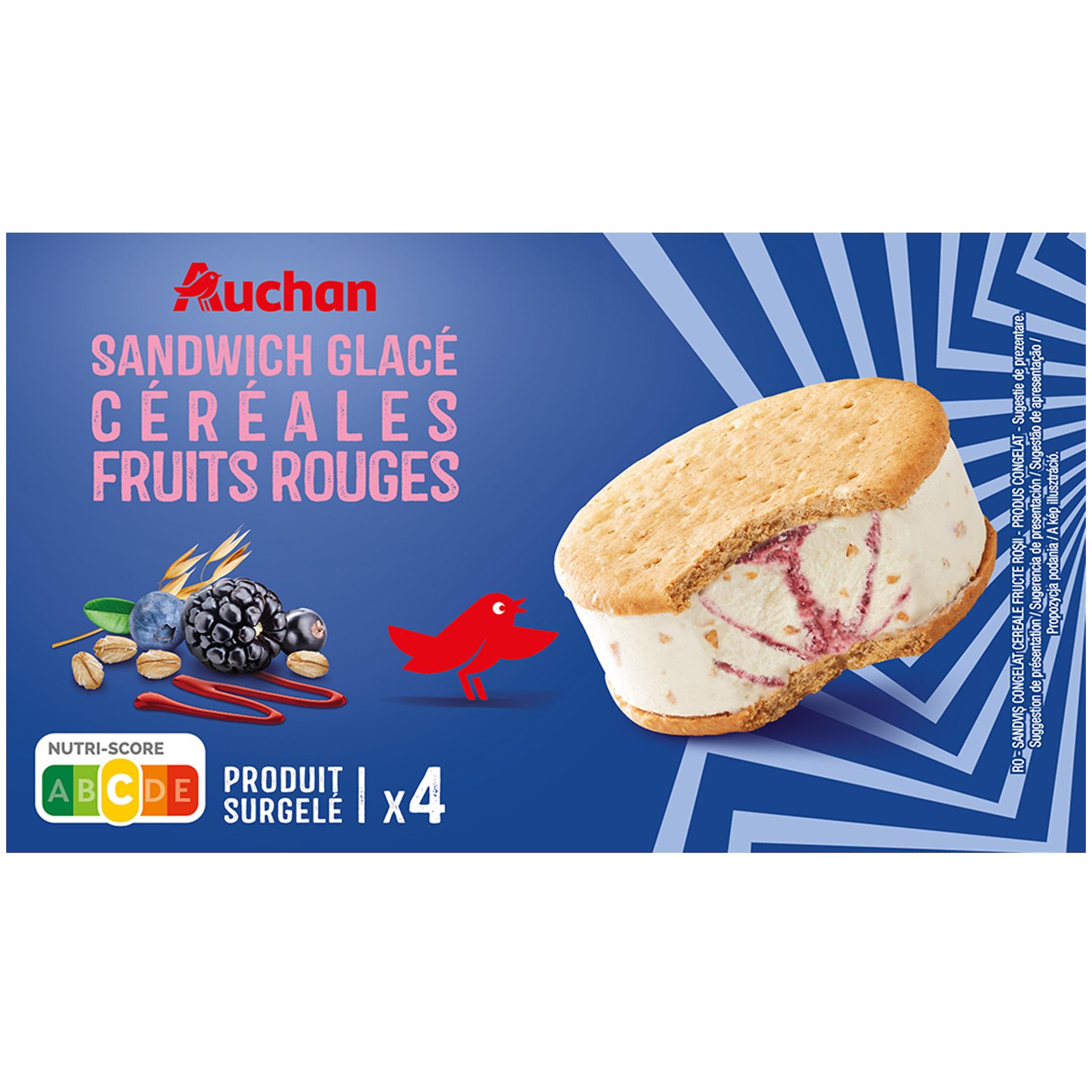 Voir la diapositive 2 : AUCHAN Sandwich glacé aux céréales et fruits rouges 4 pièces 264g