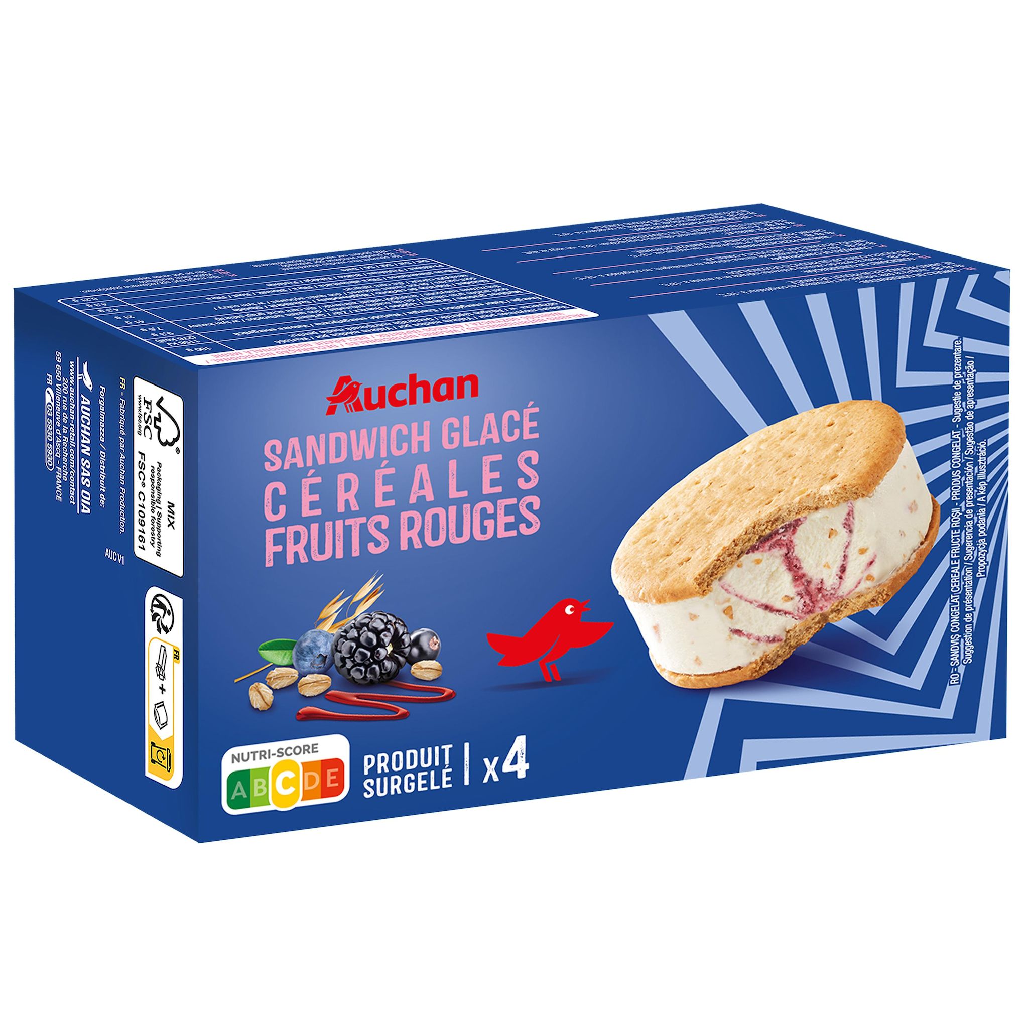Voir la diapositive 3 : AUCHAN Sandwich glacé aux céréales et fruits rouges 4 pièces 264g