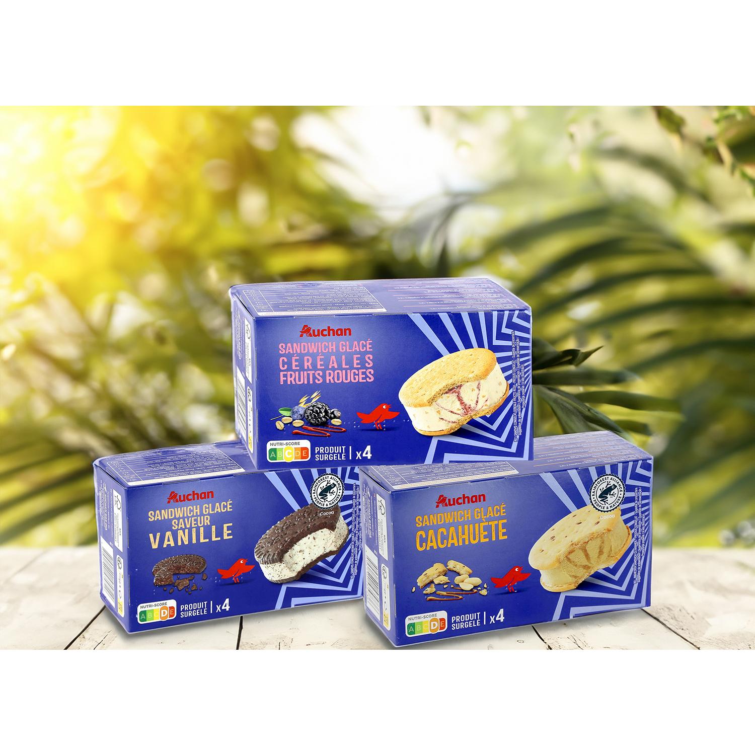 Voir la diapositive 5 : AUCHAN Sandwich glacé aux céréales et fruits rouges 4 pièces 264g