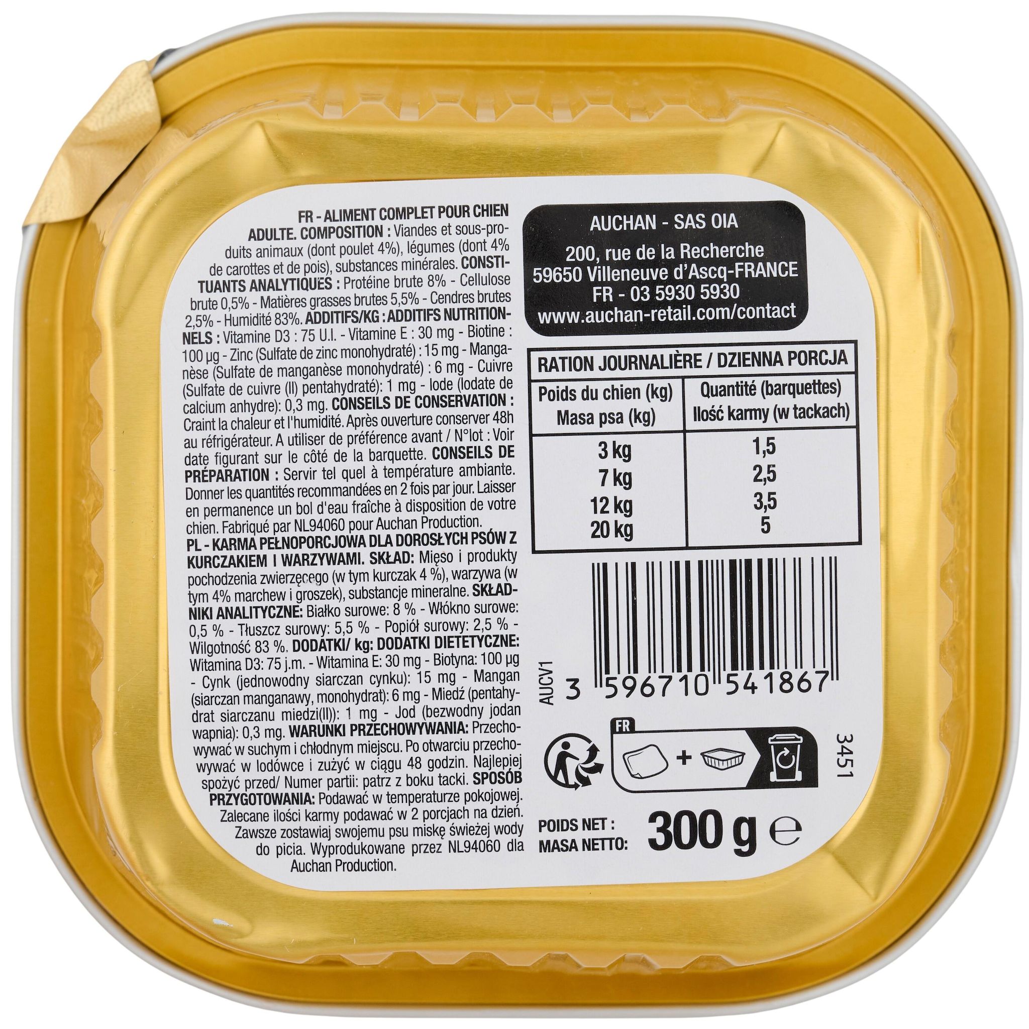 Voir la diapositive 2 : AUCHAN Barquette terrine au poulet et aux légumes pour chien 300g