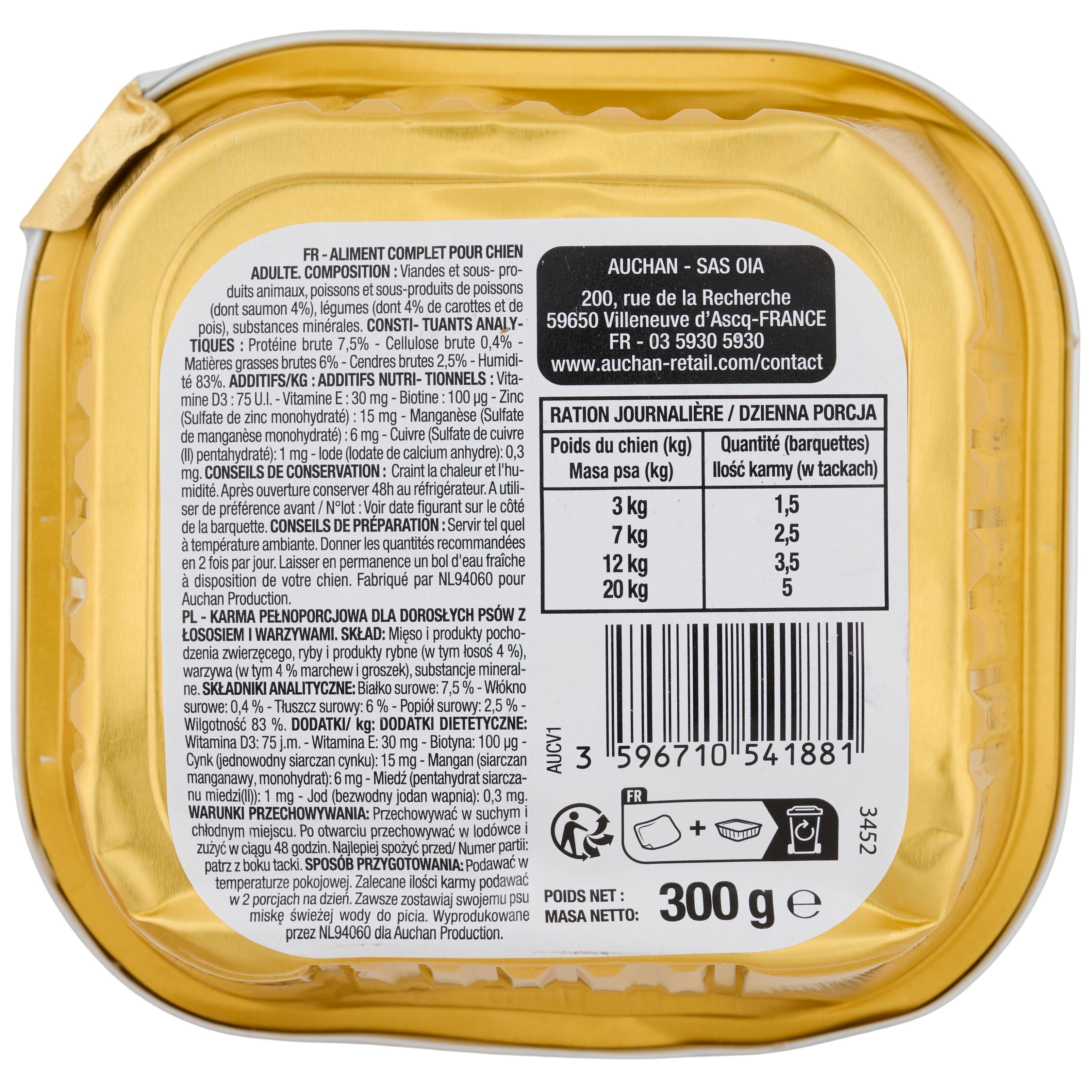 Voir la diapositive 2 : AUCHAN Barquette terrine au saumon et aux légumes pour chien 300g