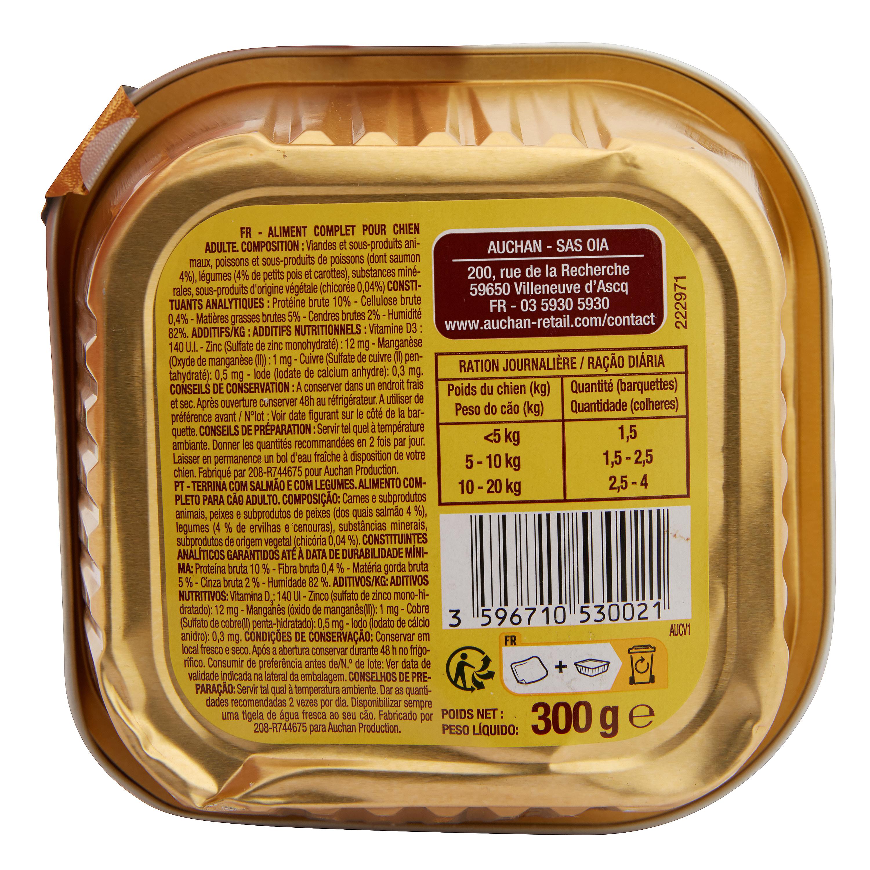 Voir la diapositive 3 : AUCHAN Barquette terrine au saumon et aux légumes pour chien 300g