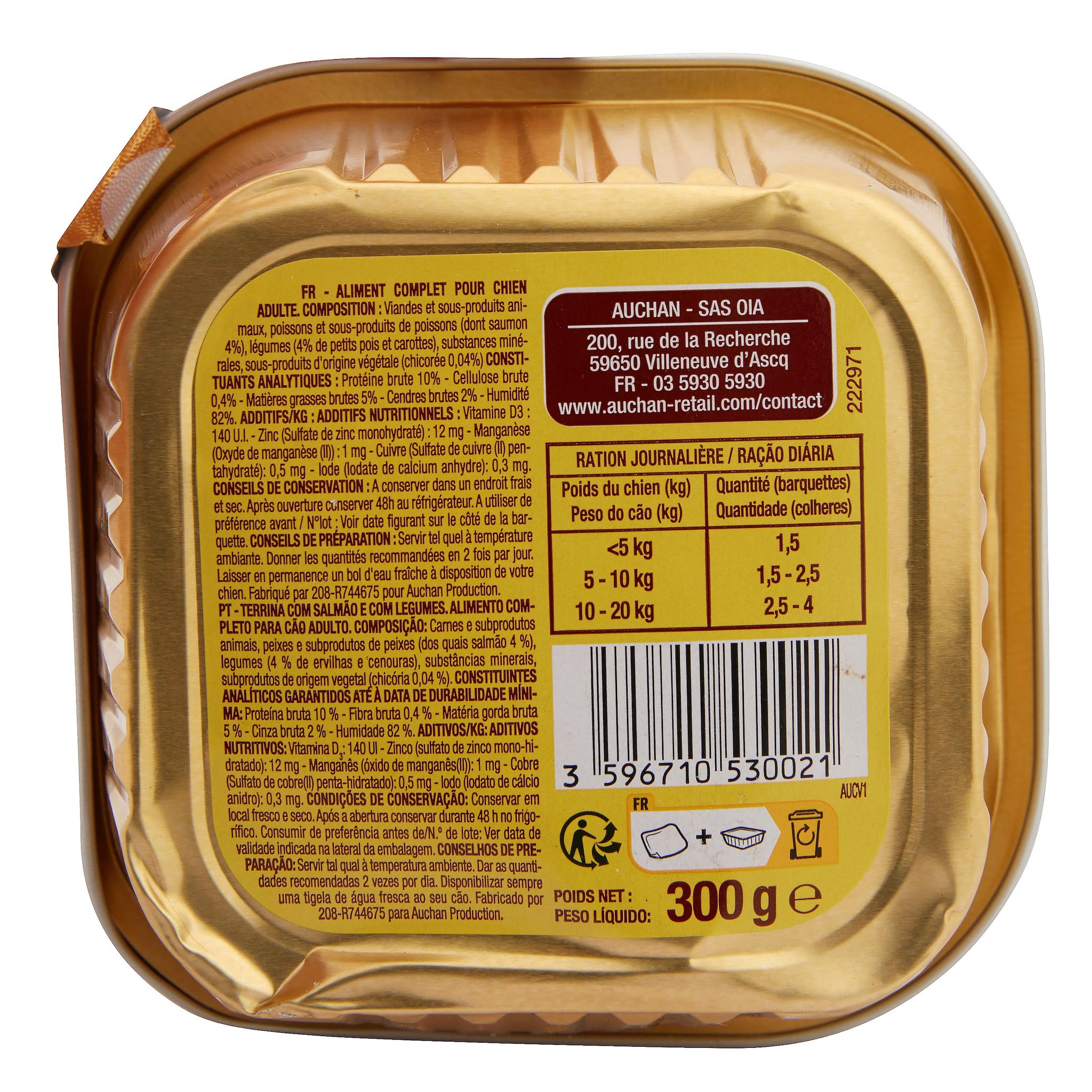 Voir la diapositive 3 : AUCHAN Barquette terrine au saumon et aux légumes pour chien 300g