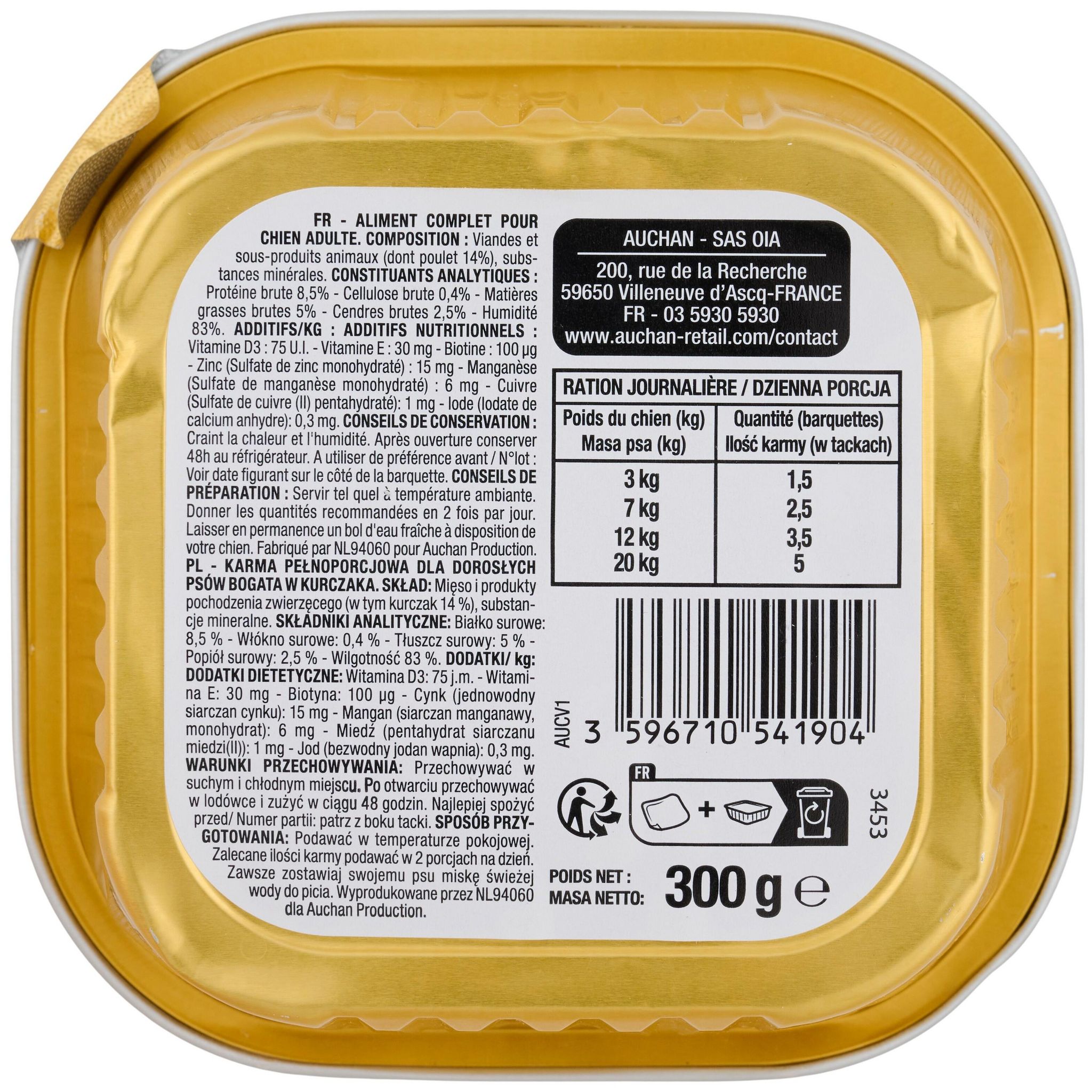 Voir la diapositive 2 : AUCHAN Barquette terrine au poulet pour chien 300g