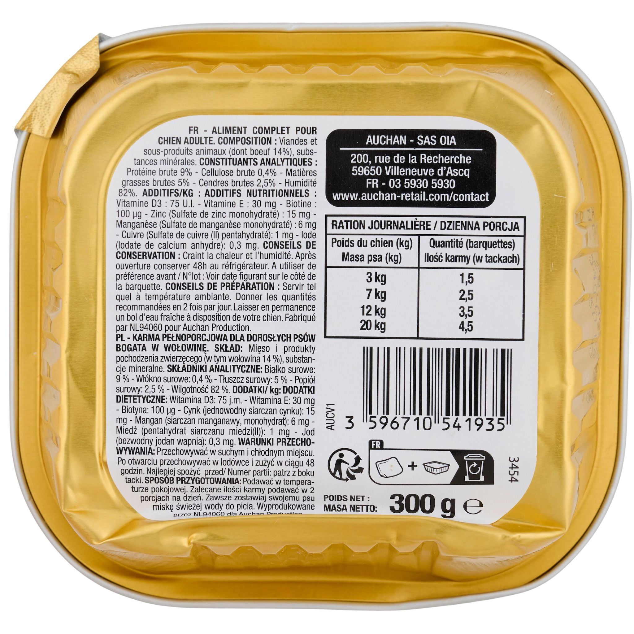 Voir la diapositive 2 : AUCHAN Barquette terrine de boeuf pour chien 300g
