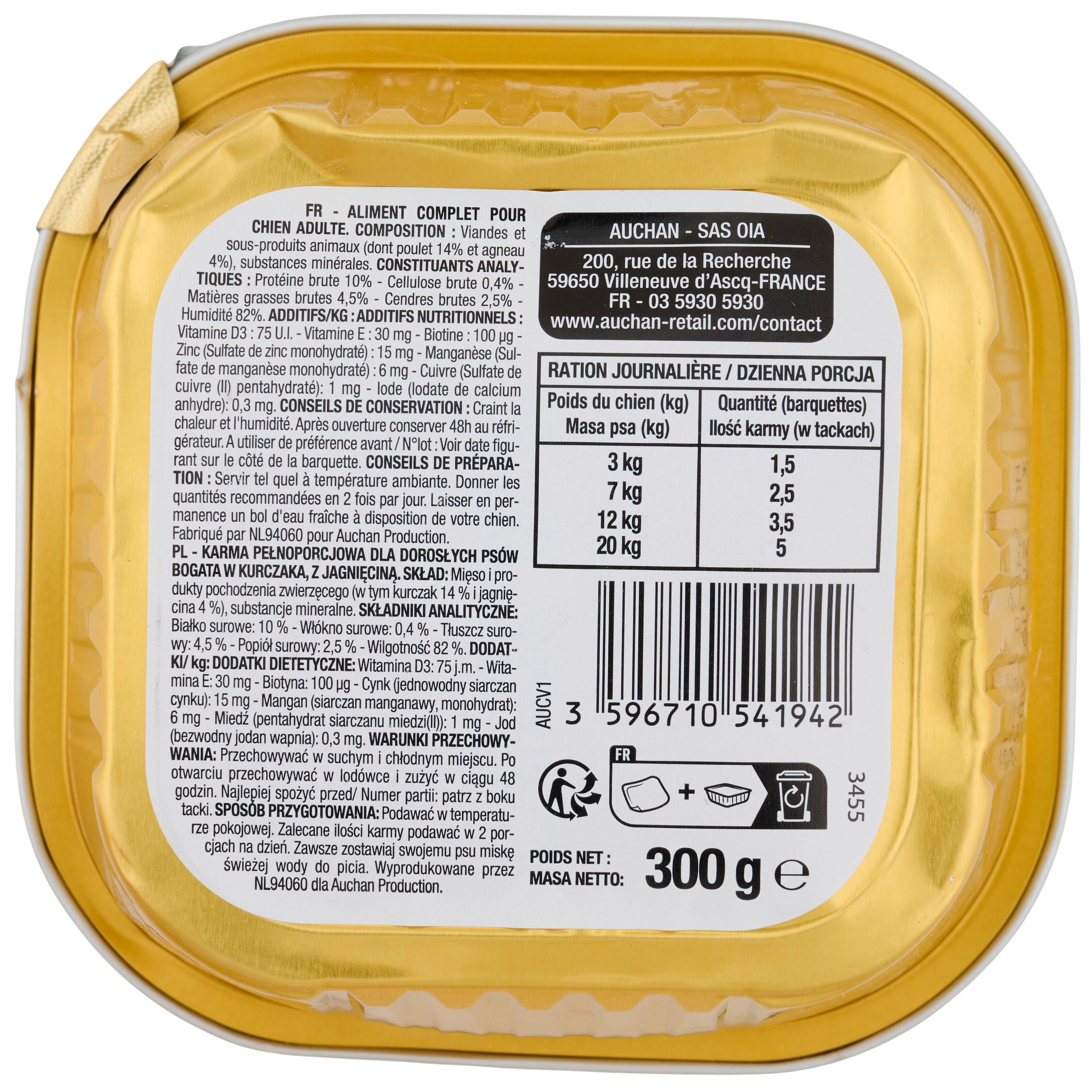 Voir la diapositive 2 : AUCHAN Barquette terrine au poulet et à l'agneau pour chien 300g