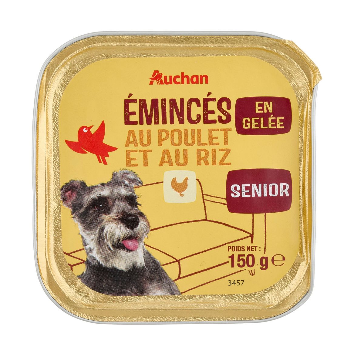 AUCHAN Barquette émincés au poulet et au riz en gelée pour chien senior 150g