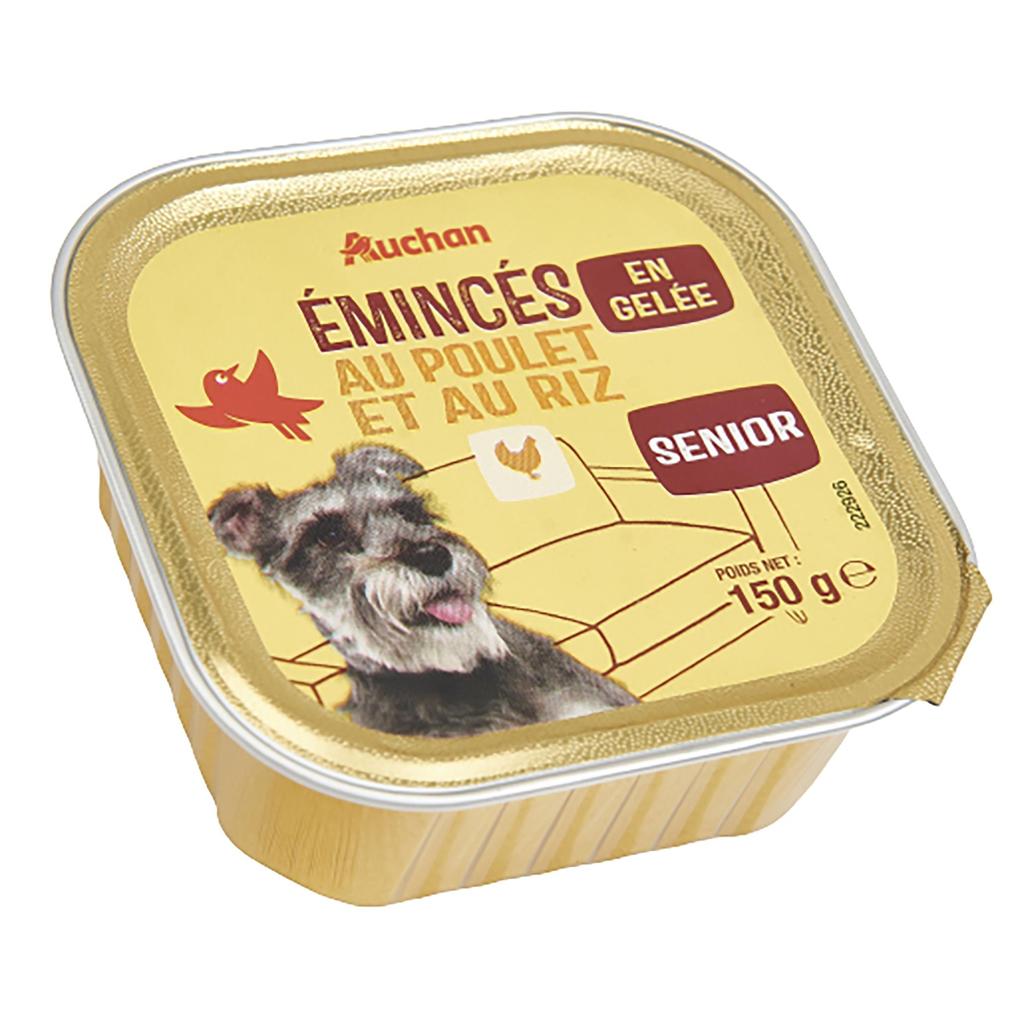 Voir la diapositive 2 : AUCHAN Barquette émincés au poulet et au riz en gelée pour chien senior 150g