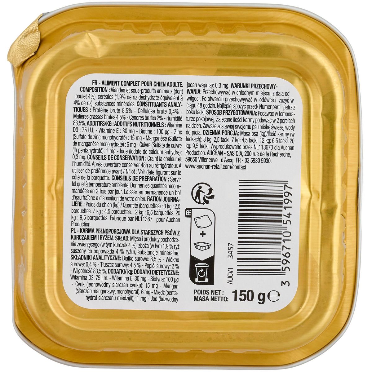 AUCHAN Barquette émincés au poulet et au riz en gelée pour chien senior 150g