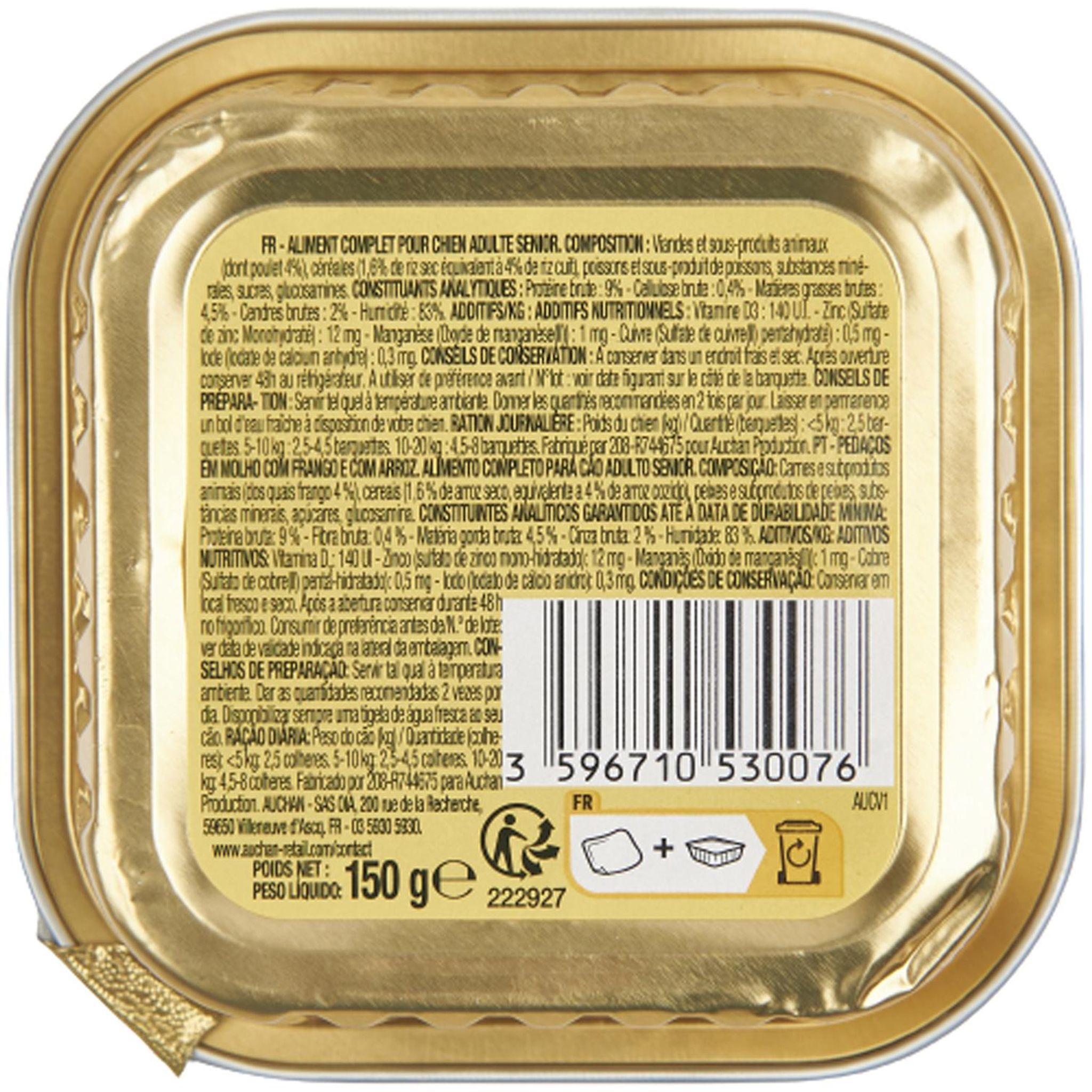 Voir la diapositive 3 : AUCHAN Barquette émincés au poulet et au riz en gelée pour chien senior 150g
