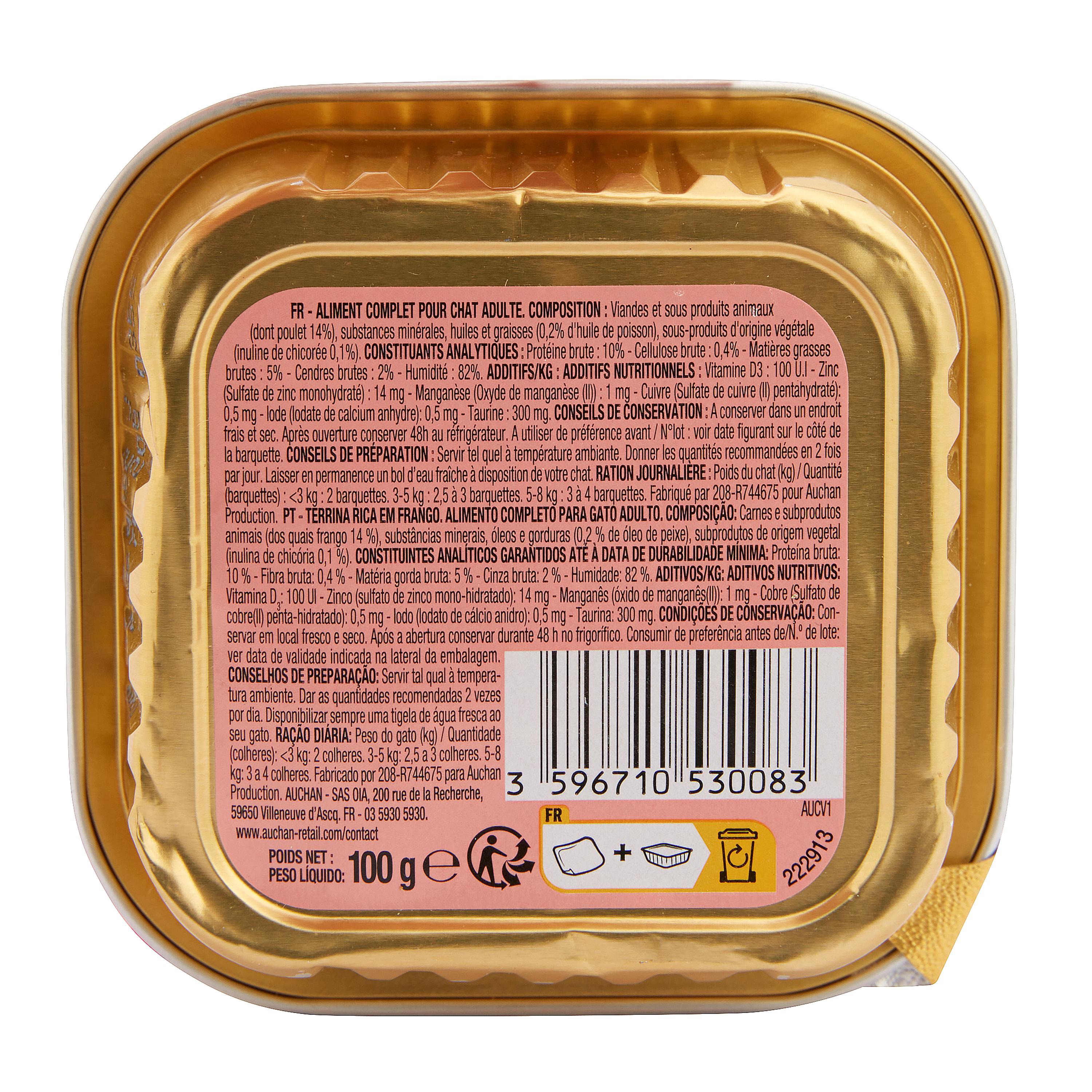 Voir la diapositive 3 : AUCHAN Barquette terrine riche en poulet pour chat 100g