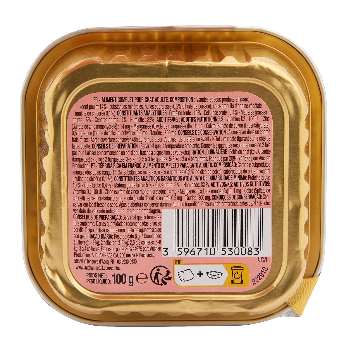 AUCHAN Barquette terrine riche en poulet pour chat 100g