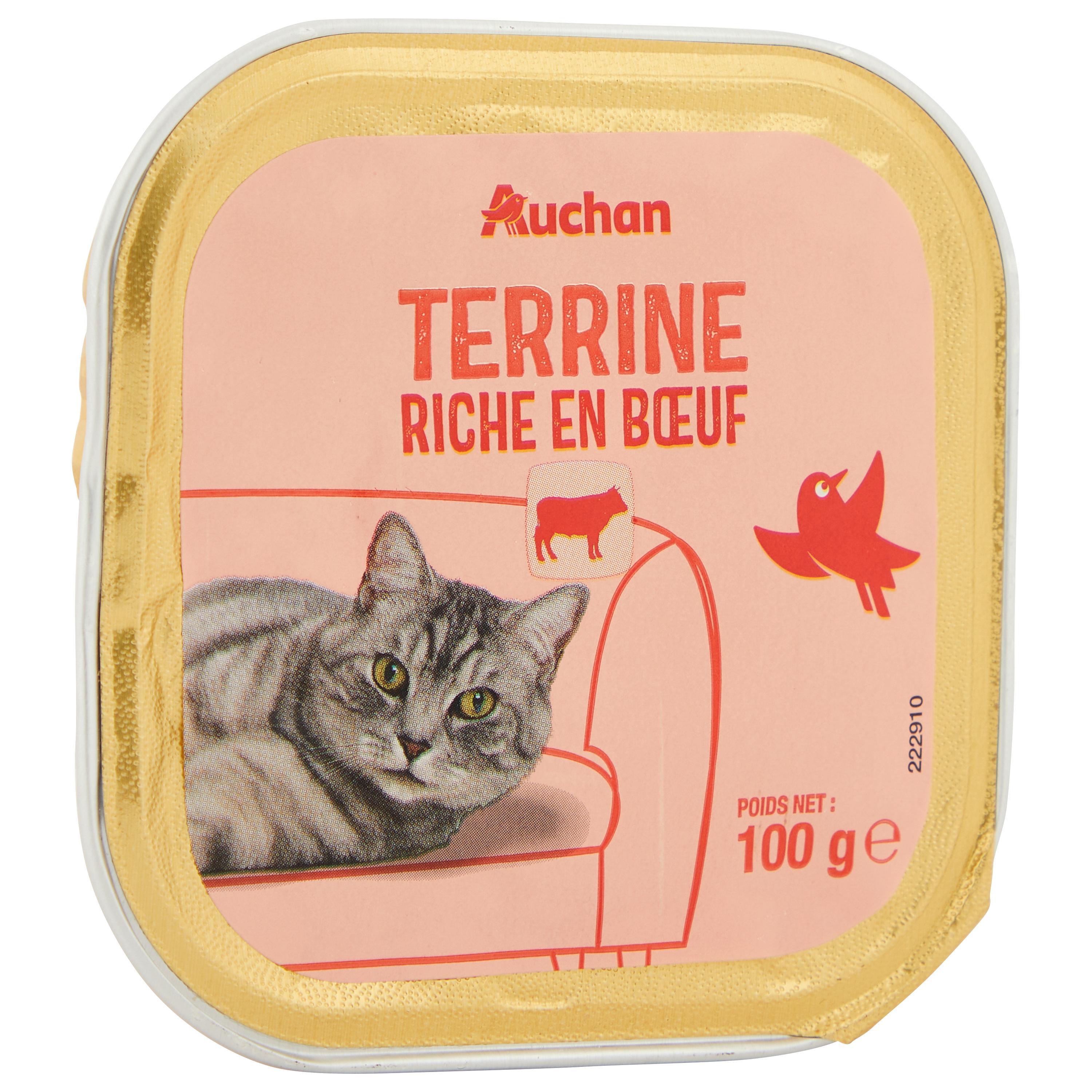 Voir la diapositive 2 : AUCHAN Barquette terrine riche en boeuf pour chat 100g