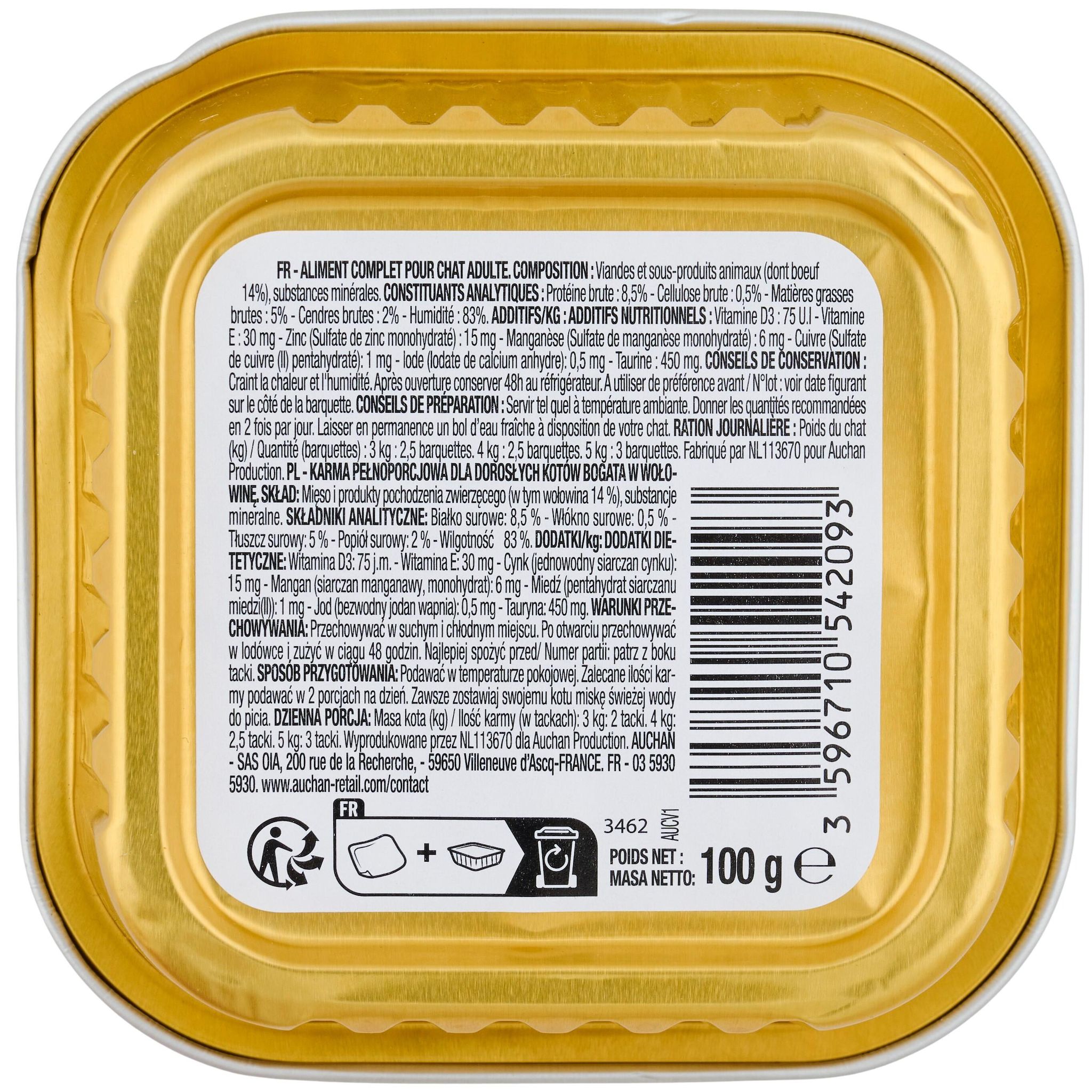 Voir la diapositive 2 : AUCHAN Barquette terrine riche en boeuf pour chat 100g