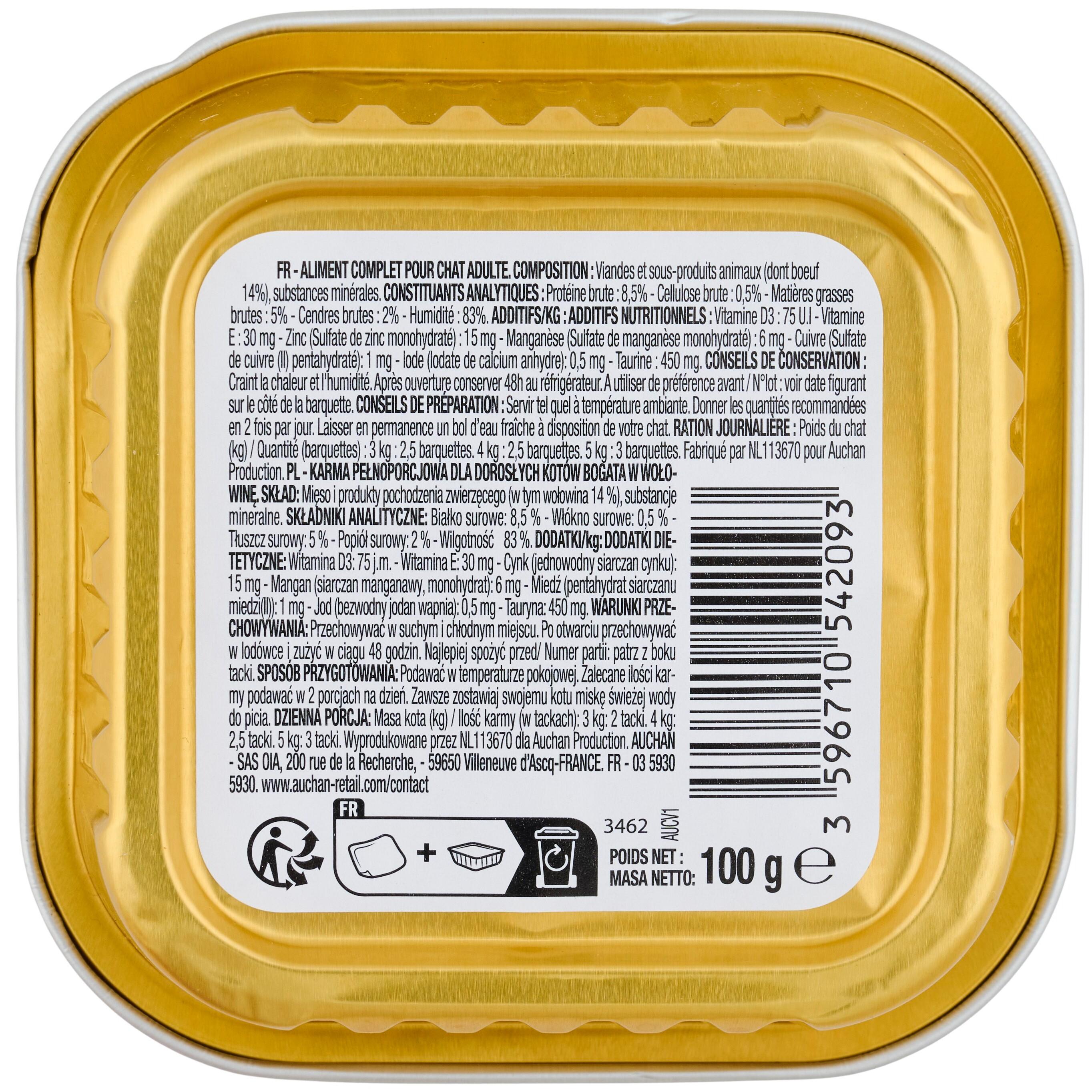 Voir la diapositive 3 : AUCHAN Barquette terrine riche en boeuf pour chat 100g
