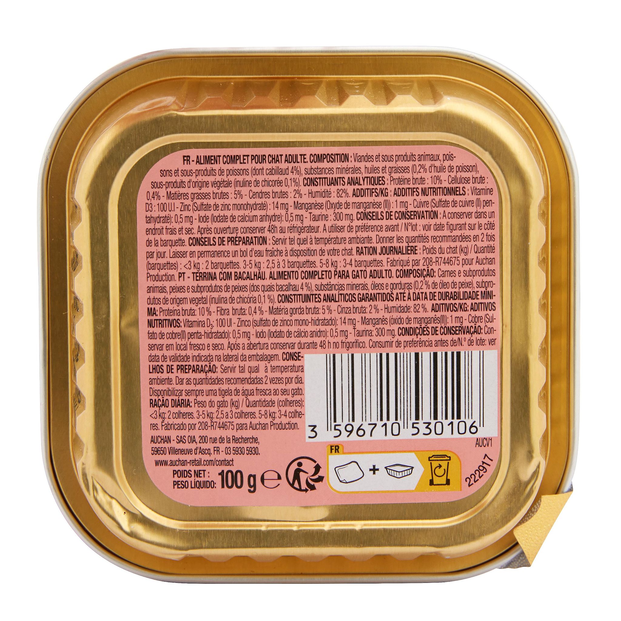 Voir la diapositive 2 : AUCHAN Barquette terrine au cabillaud pour chat 100g