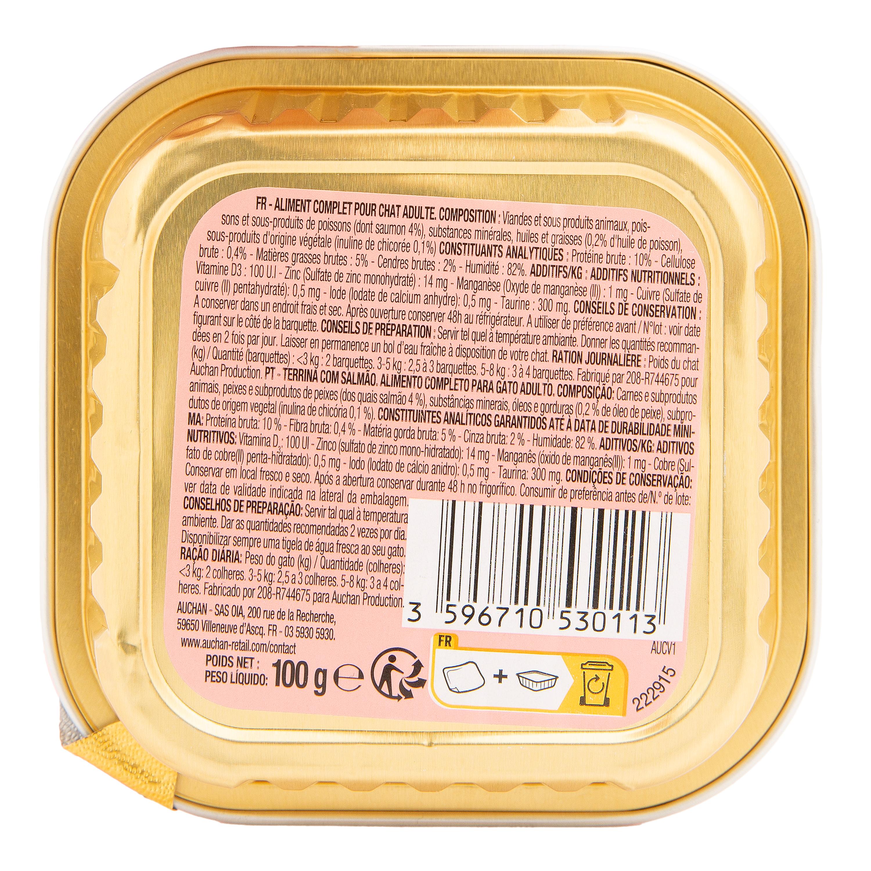 Voir la diapositive 2 : AUCHAN Barquette terrine riche en saumon pour chat 100g