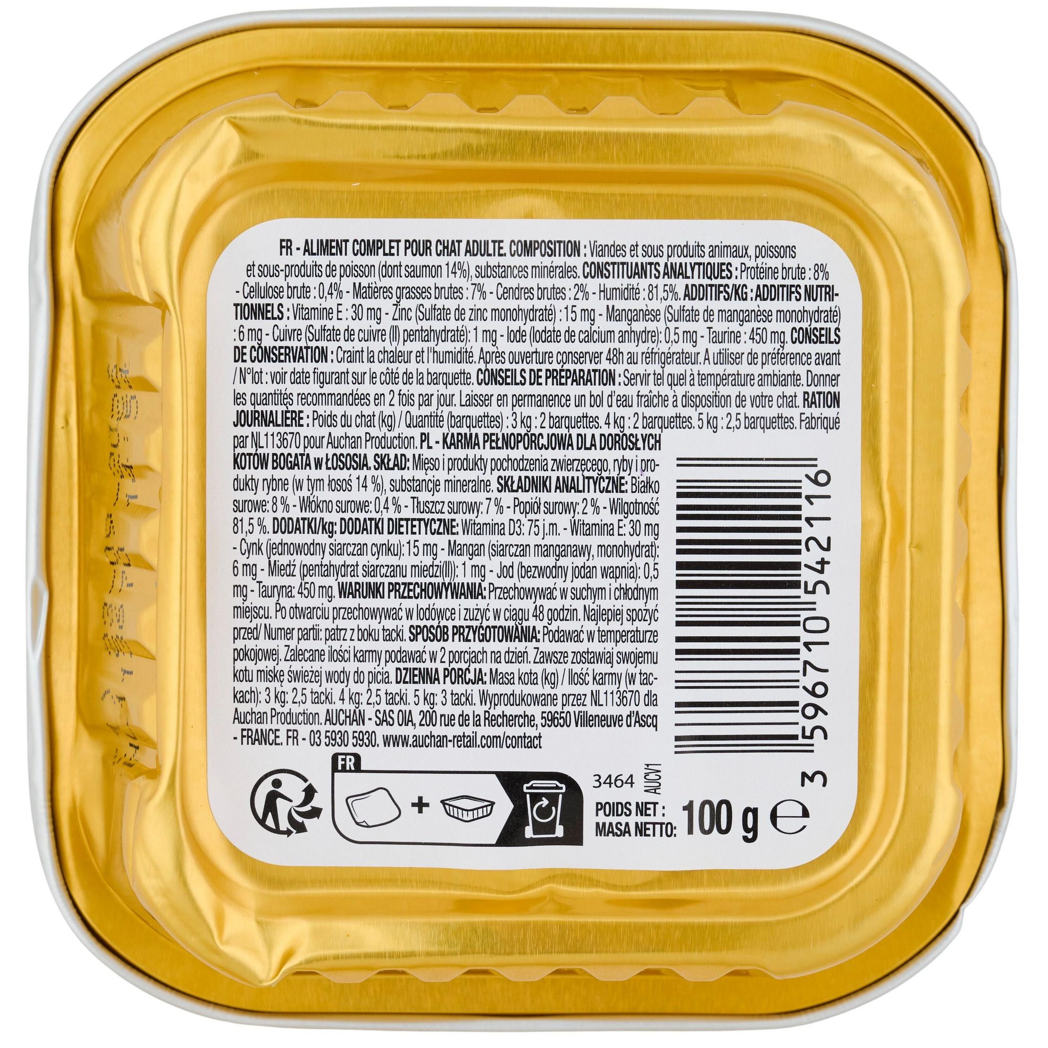 Voir la diapositive 2 : AUCHAN Barquette terrine riche en saumon pour chat 100g