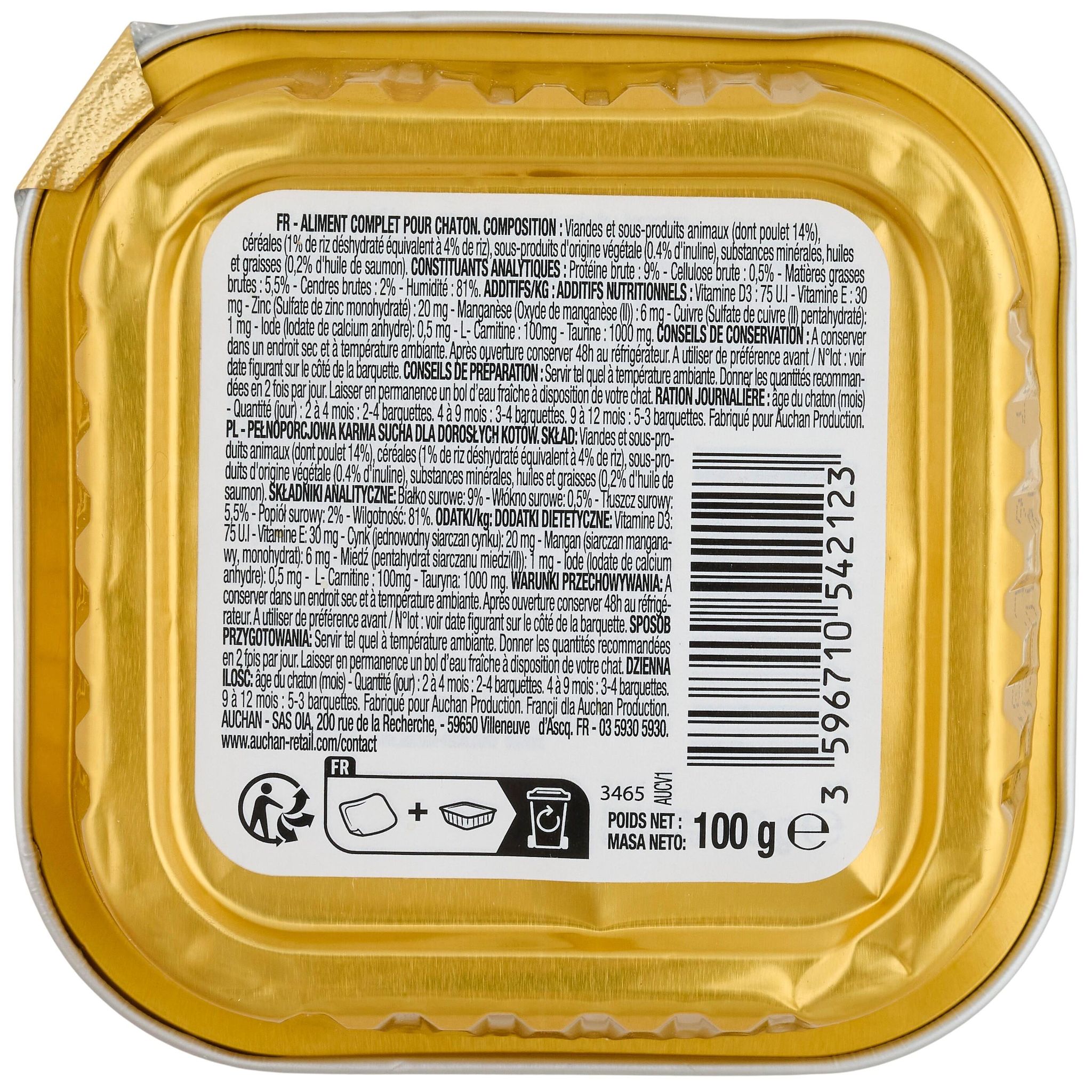 Voir la diapositive 2 : AUCHAN Barquette terrine de poulet et riz pour chaton 100g