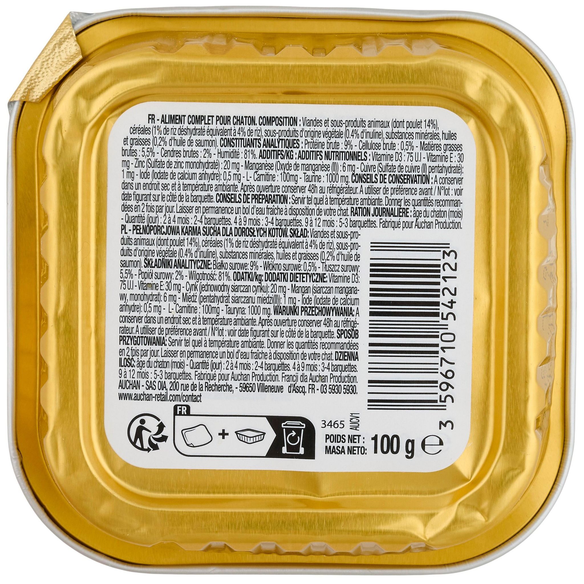 Voir la diapositive 3 : AUCHAN Barquette terrine de poulet et riz pour chaton 100g