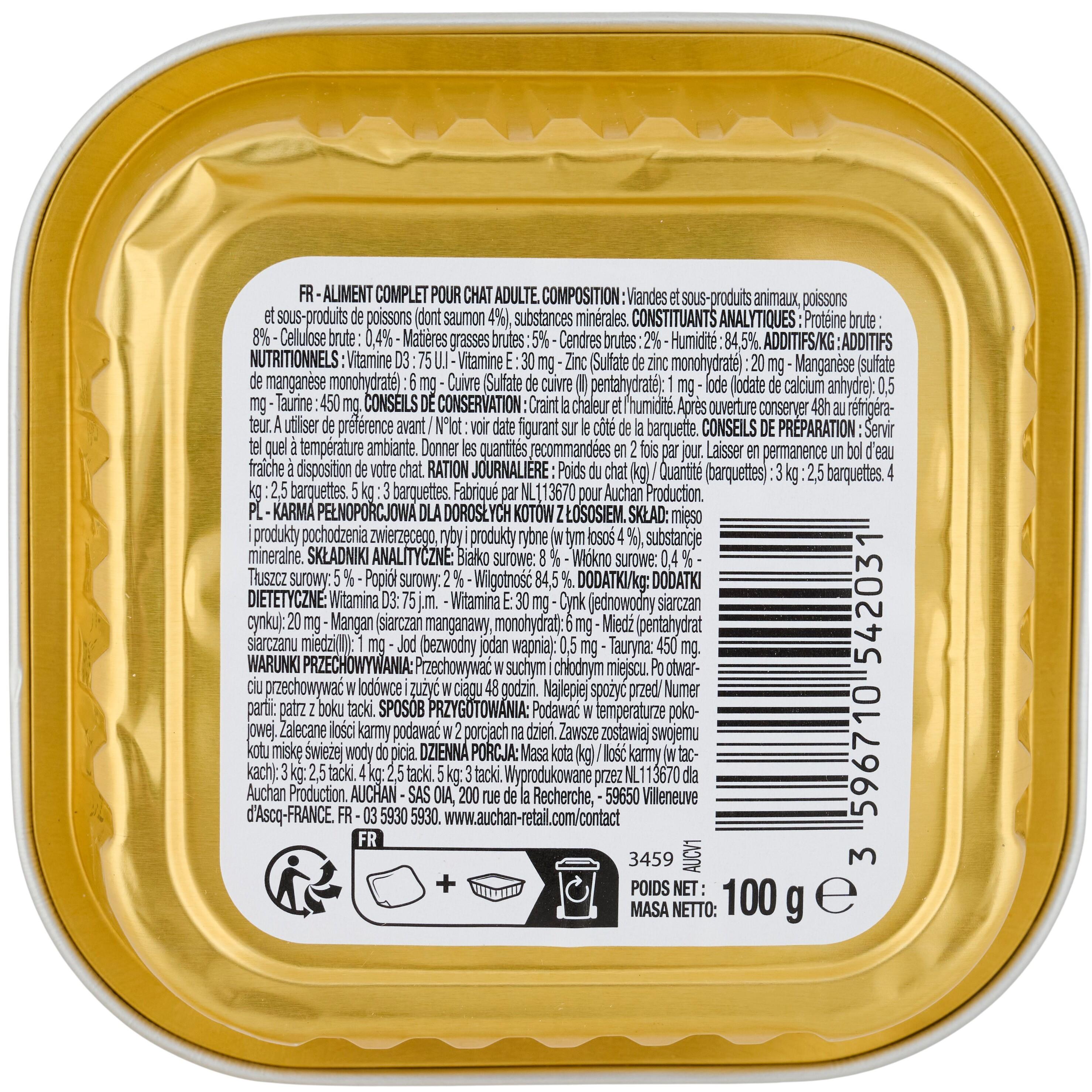 Voir la diapositive 3 : AUCHAN Barquette émincés au saumon en sauce pour chat 100g