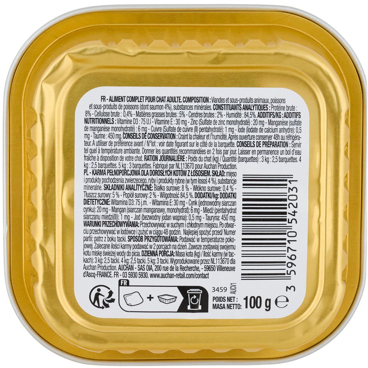 AUCHAN Barquette émincés au saumon en sauce pour chat 100g