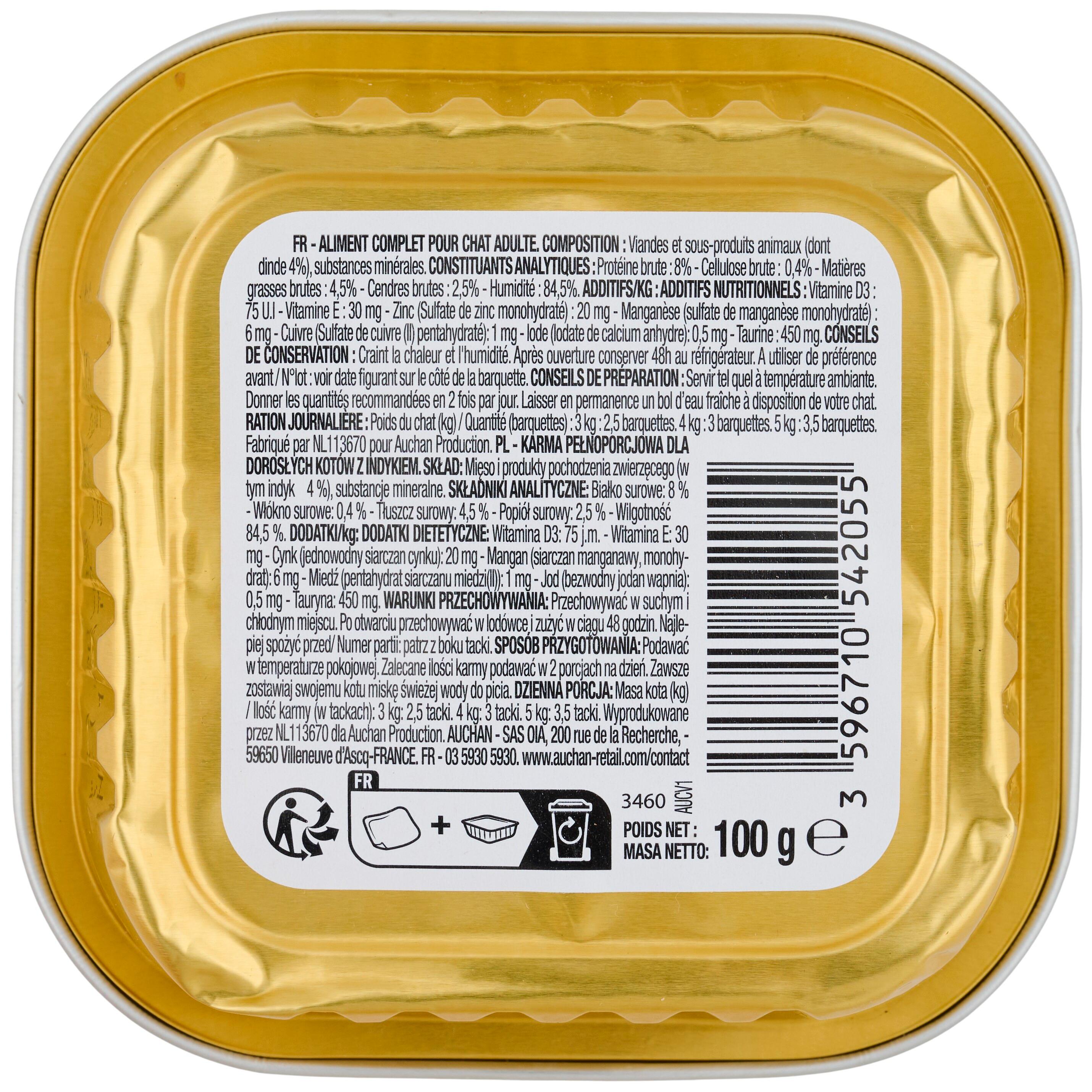 Voir la diapositive 2 : AUCHAN Barquette émincés à la dinde en sauce pour chat 100g