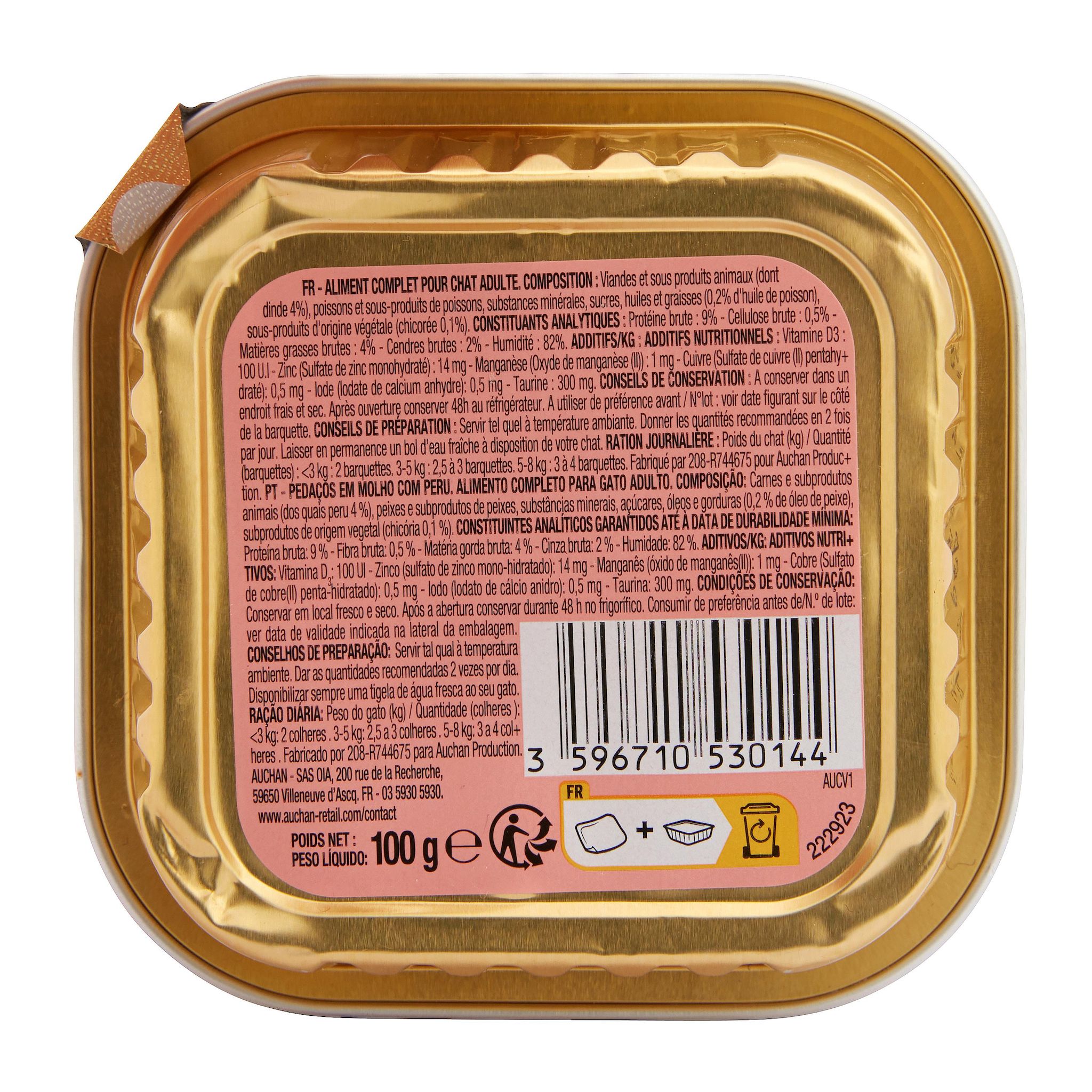 Voir la diapositive 2 : AUCHAN Barquette émincés à la dinde en sauce pour chat 100g